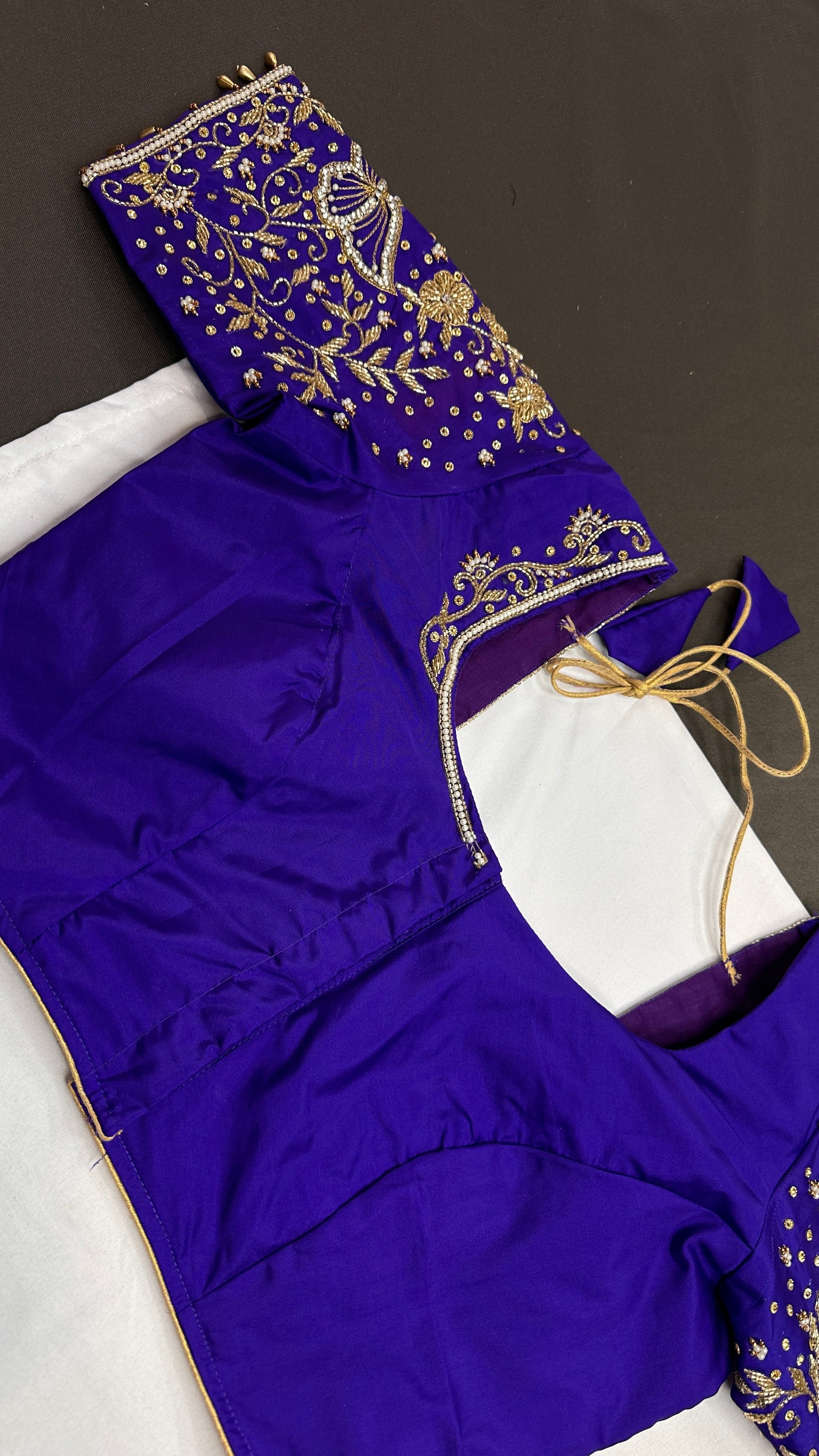 Butterfly Pattern Blue Silk Maggam Aari Pearl Work Blouse - 