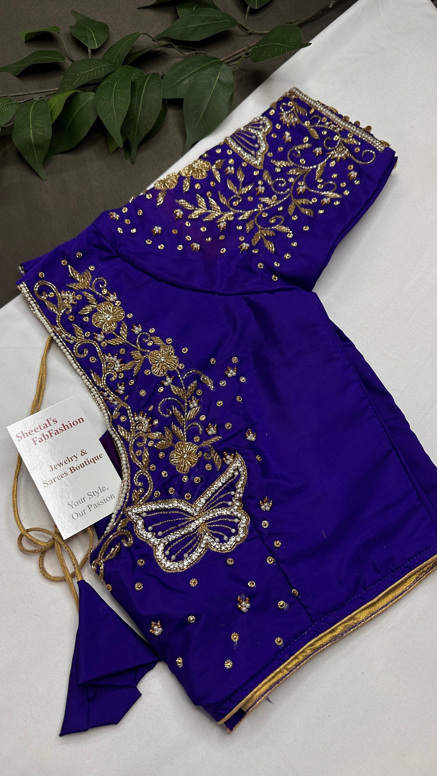 Butterfly Pattern Blue Silk Maggam Aari Pearl Work Blouse - 