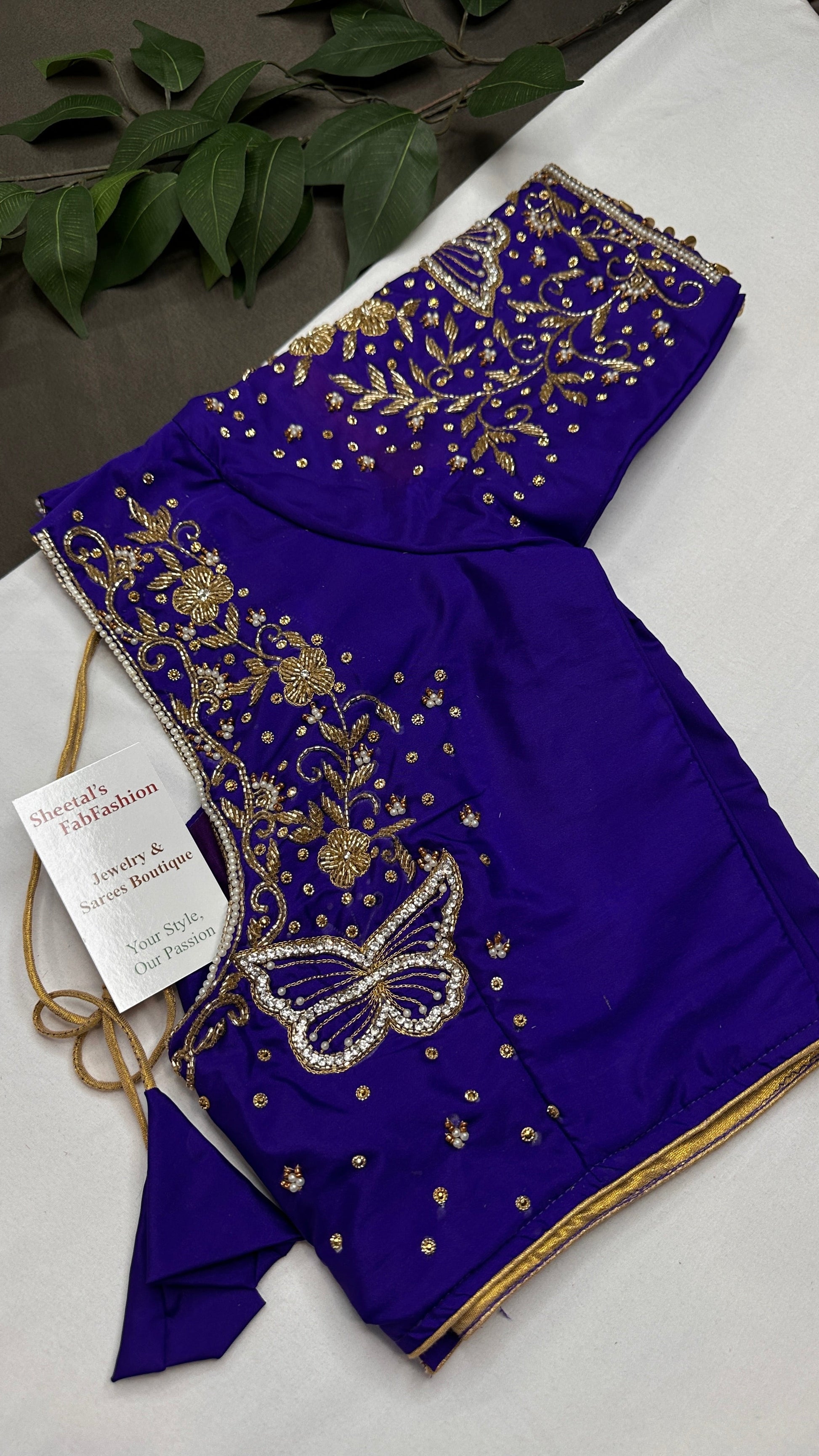 Butterfly Pattern Blue Silk Maggam Aari Pearl Work Blouse - 