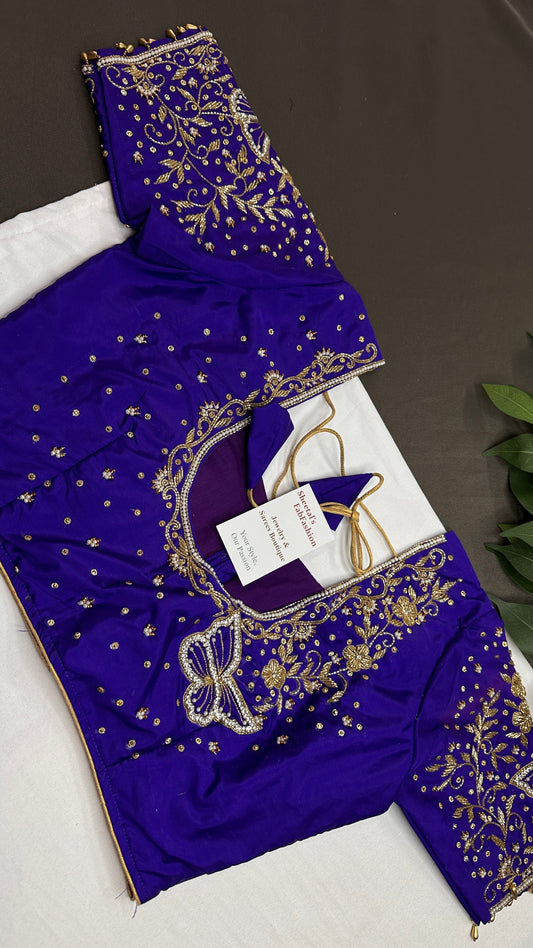 Butterfly Pattern Blue Silk Maggam Aari Pearl Work Blouse - 