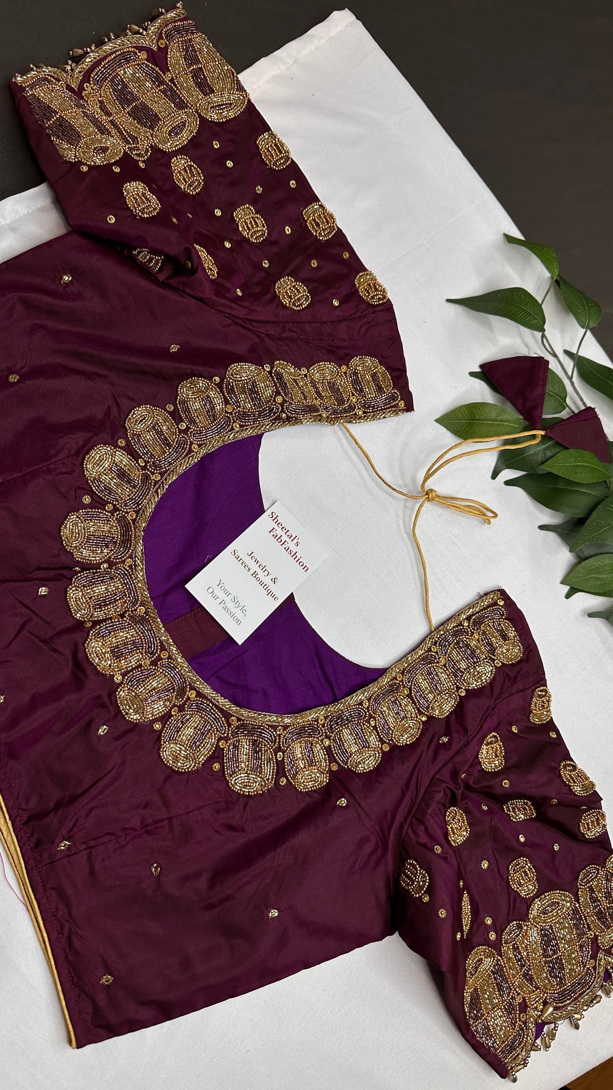 Dholki Pattern Purple Silk Maggam Aari  Work Blouse - 
