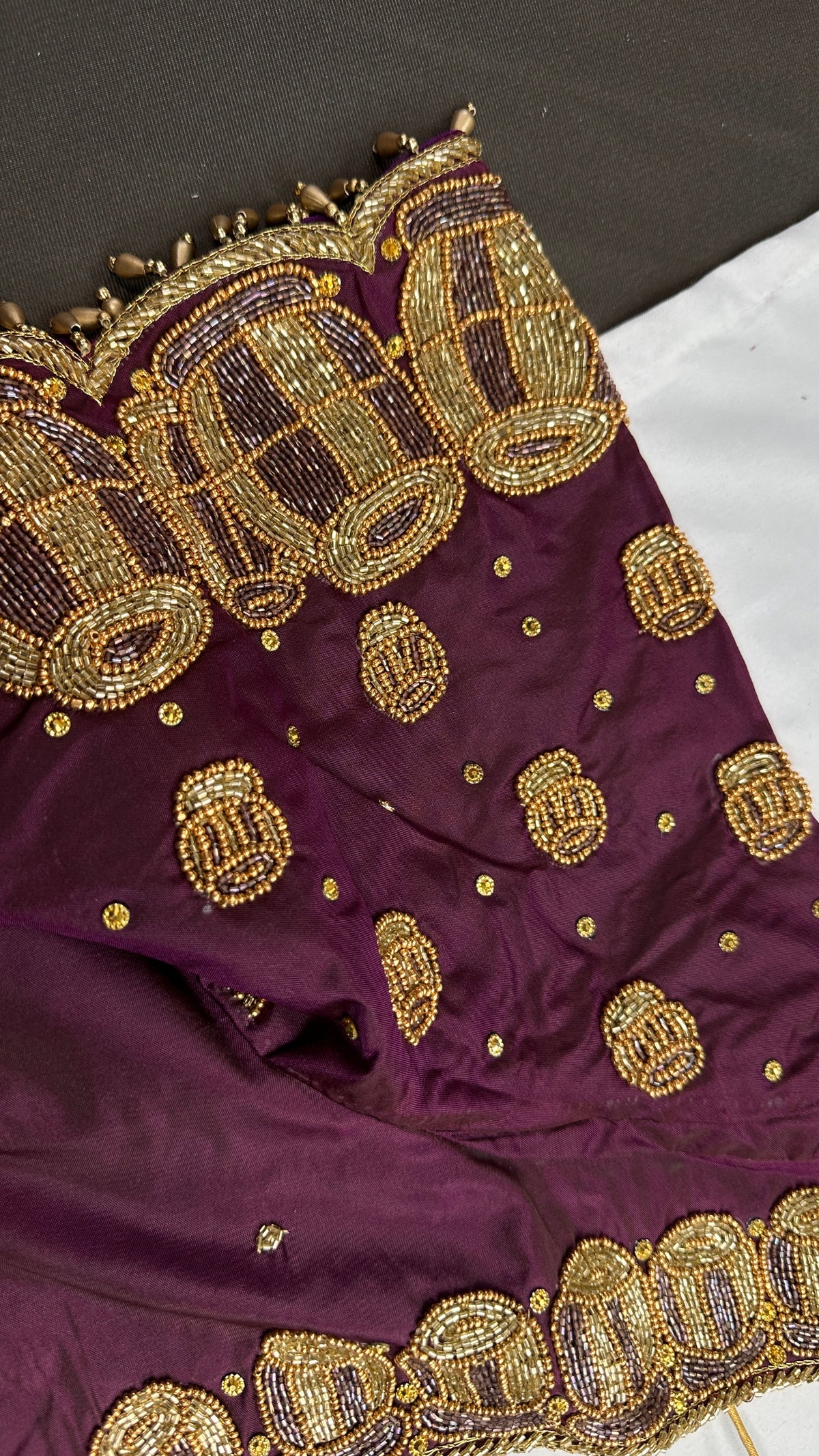 Dholki Pattern Purple Silk Maggam Aari  Work Blouse - 