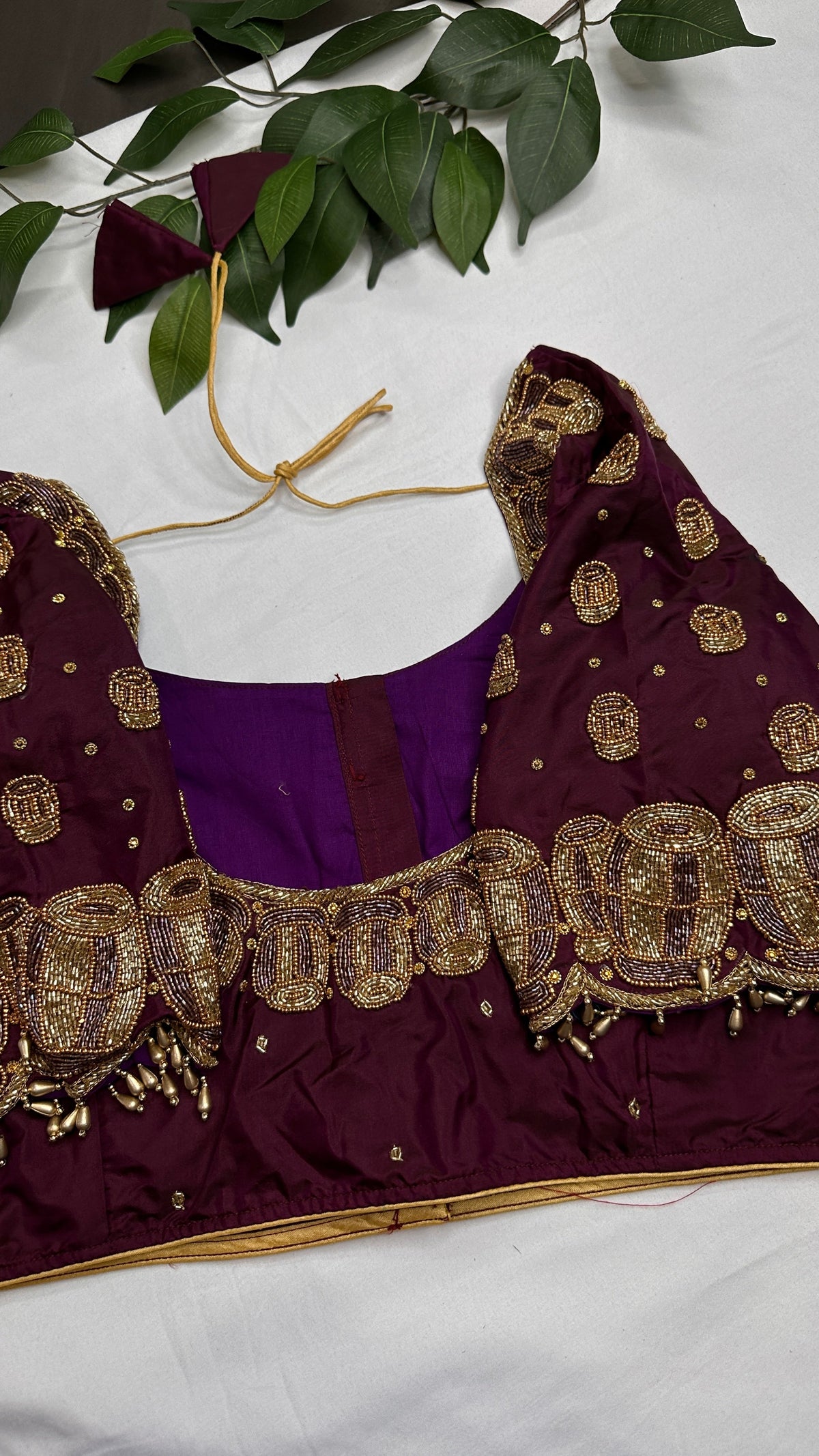 Dholki Pattern Purple Silk Maggam Aari  Work Blouse - 