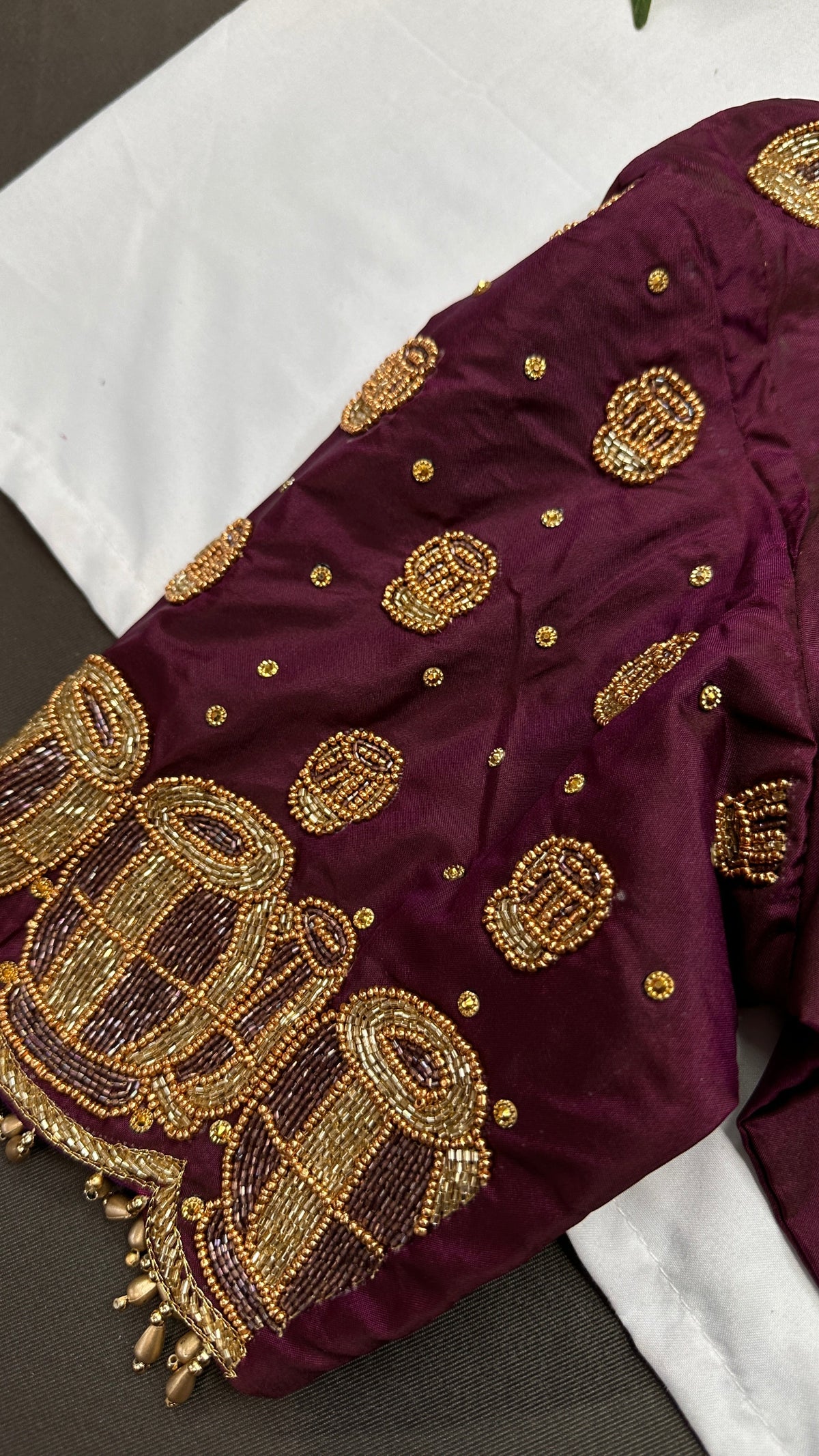 Dholki Pattern Purple Silk Maggam Aari  Work Blouse - 