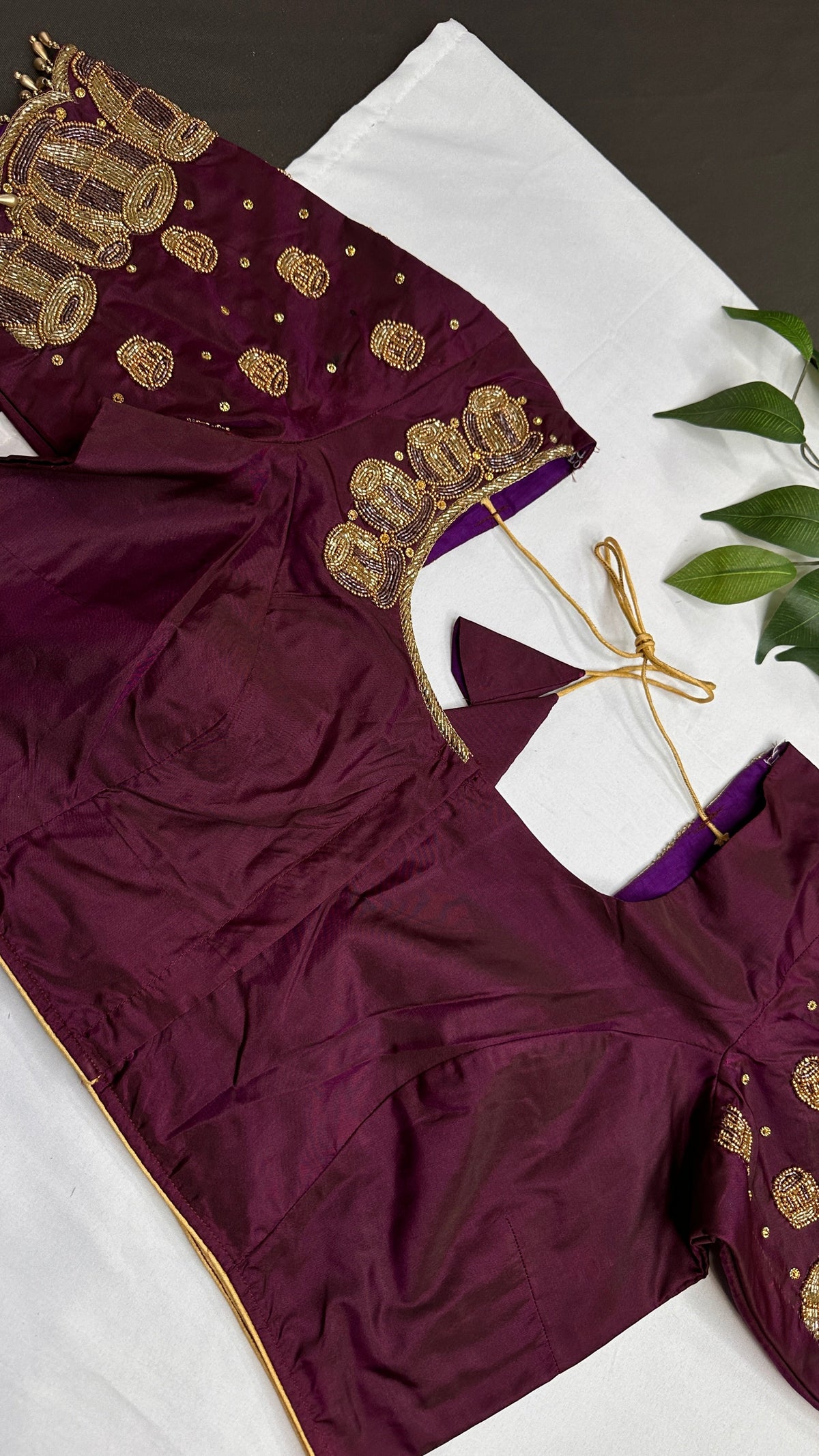 Dholki Pattern Purple Silk Maggam Aari  Work Blouse - 