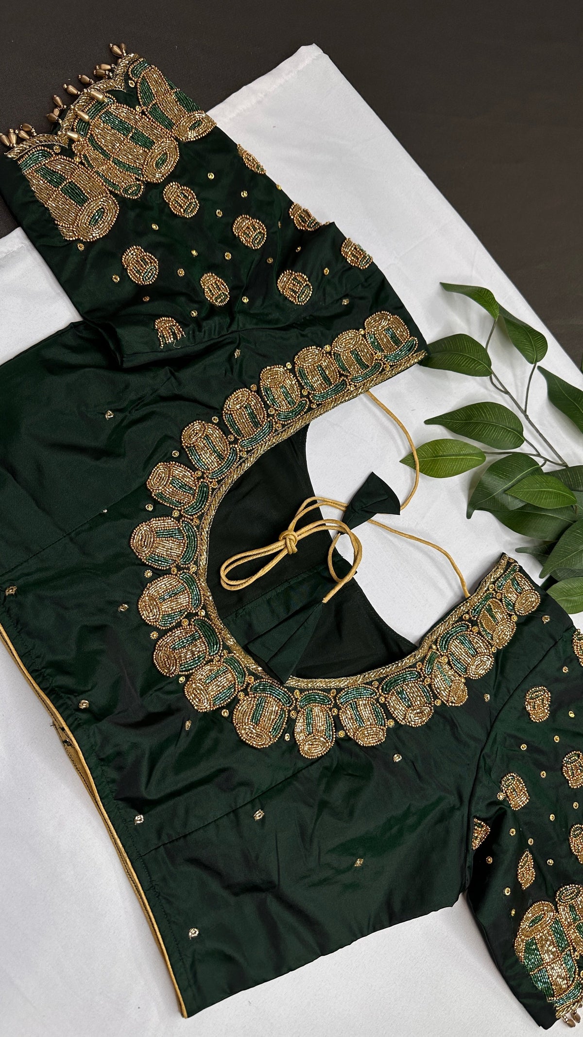 Dholki Pattern Green Silk Maggam Aari  Work Blouse - 