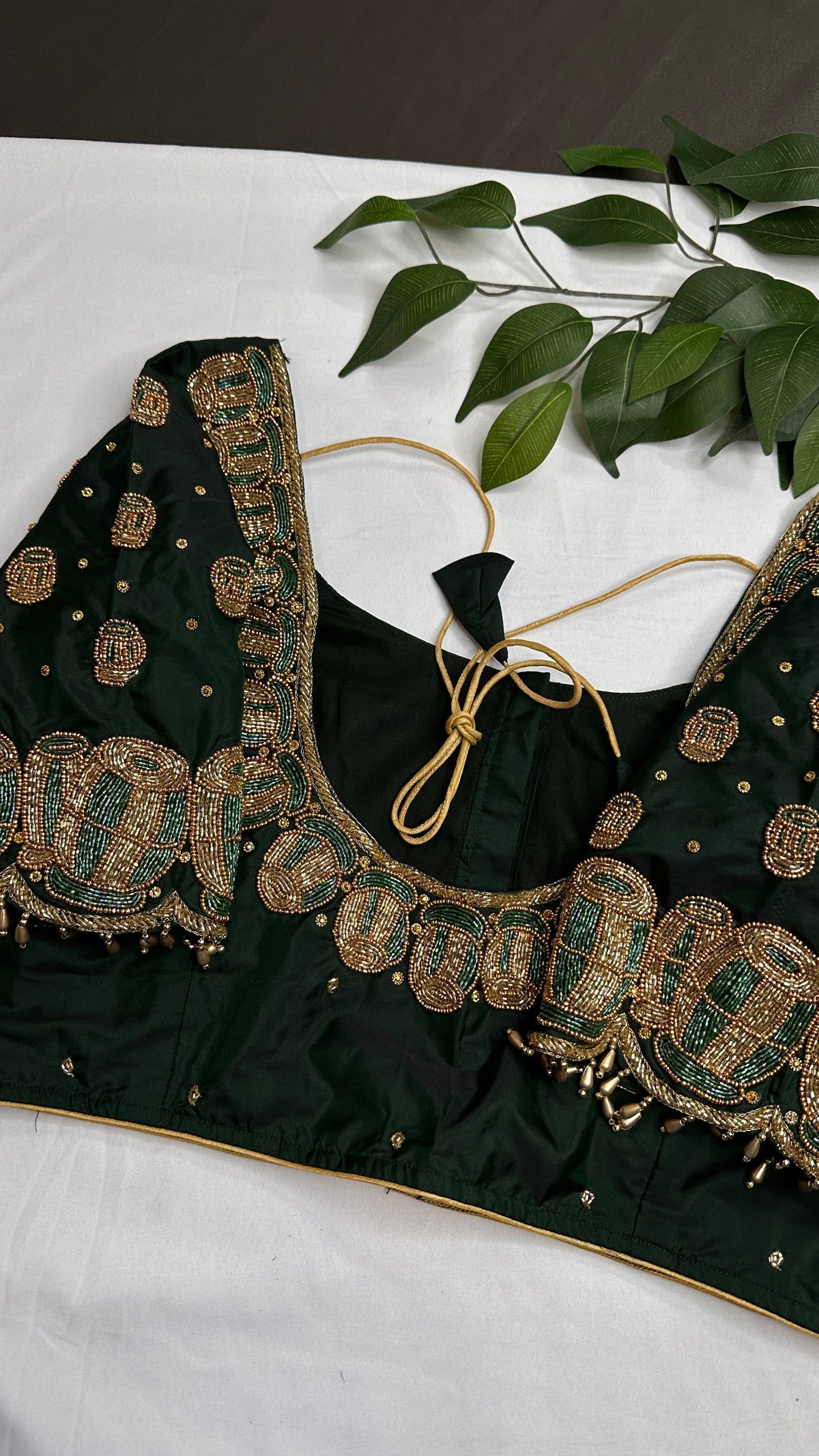 Dholki Pattern Green Silk Maggam Aari  Work Blouse - 