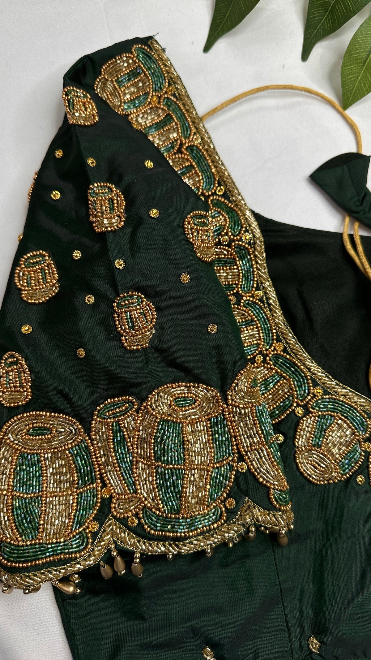Dholki Pattern Green Silk Maggam Aari  Work Blouse - 