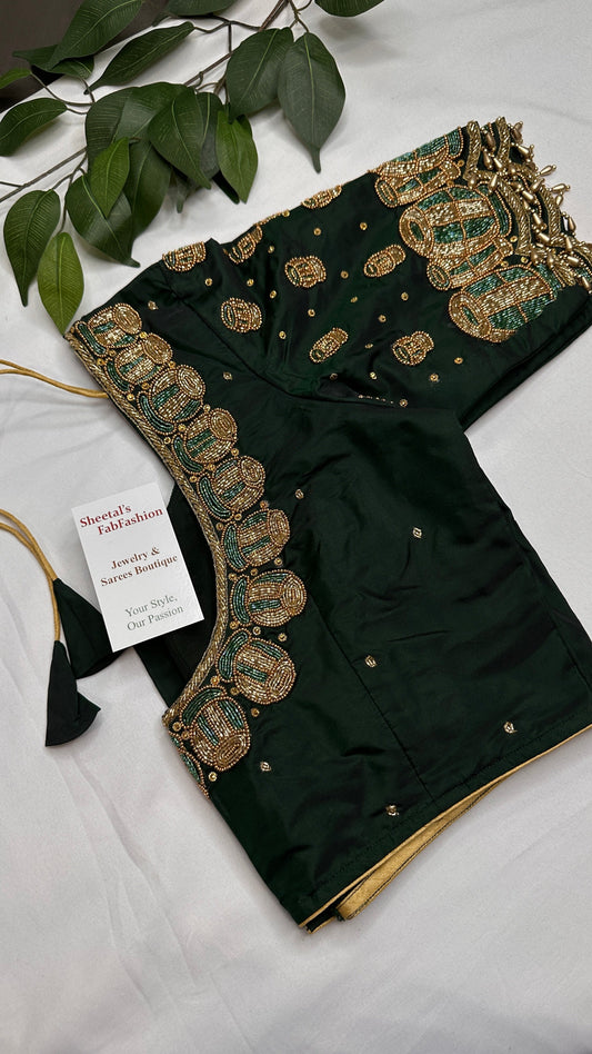Dholki Pattern Green Silk Maggam Aari  Work Blouse - 