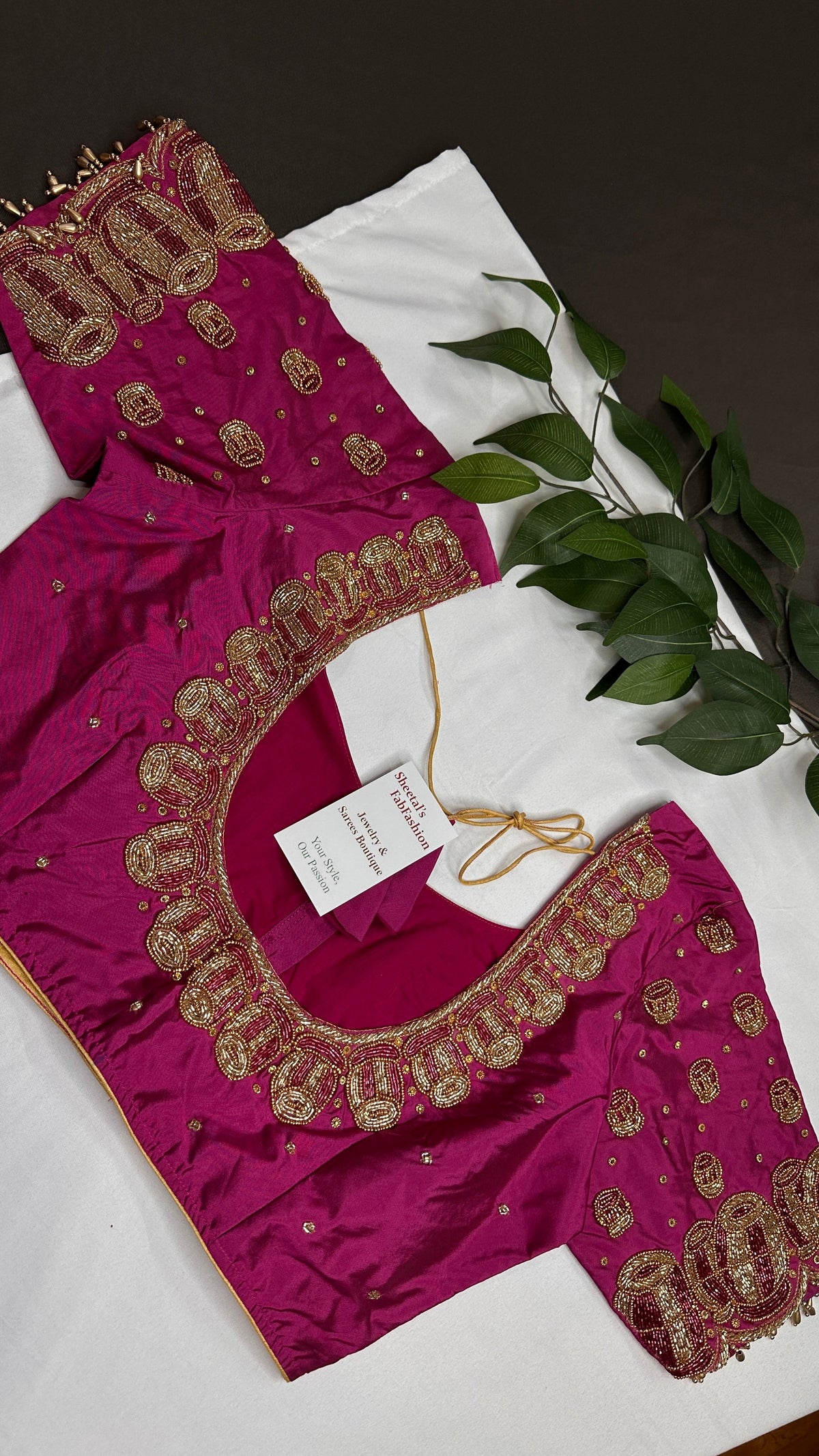 Dholki Pattern Magenta Silk Maggam Aari Work Blouse - 