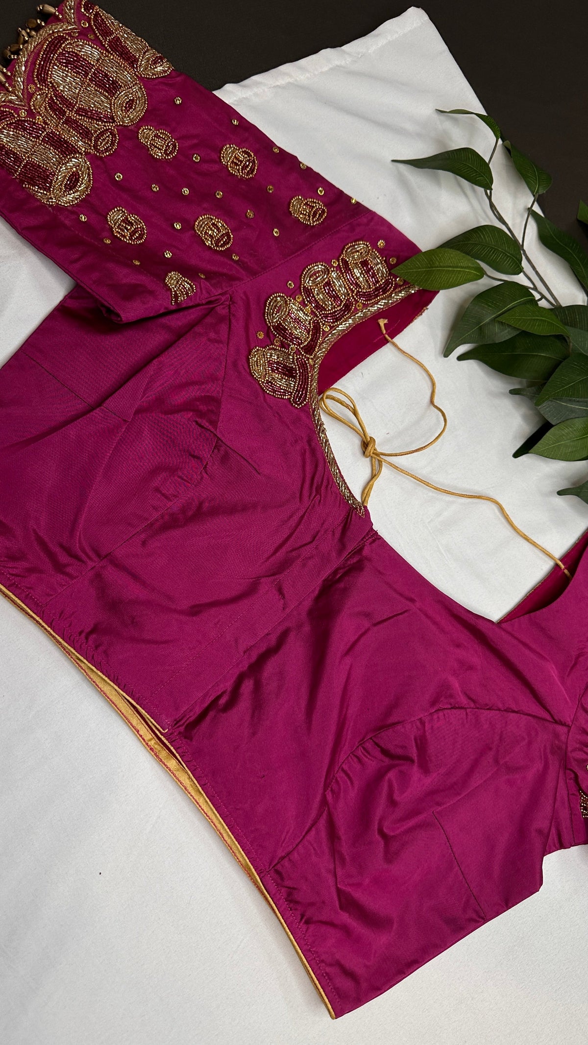Dholki Pattern Magenta Silk Maggam Aari Work Blouse - 