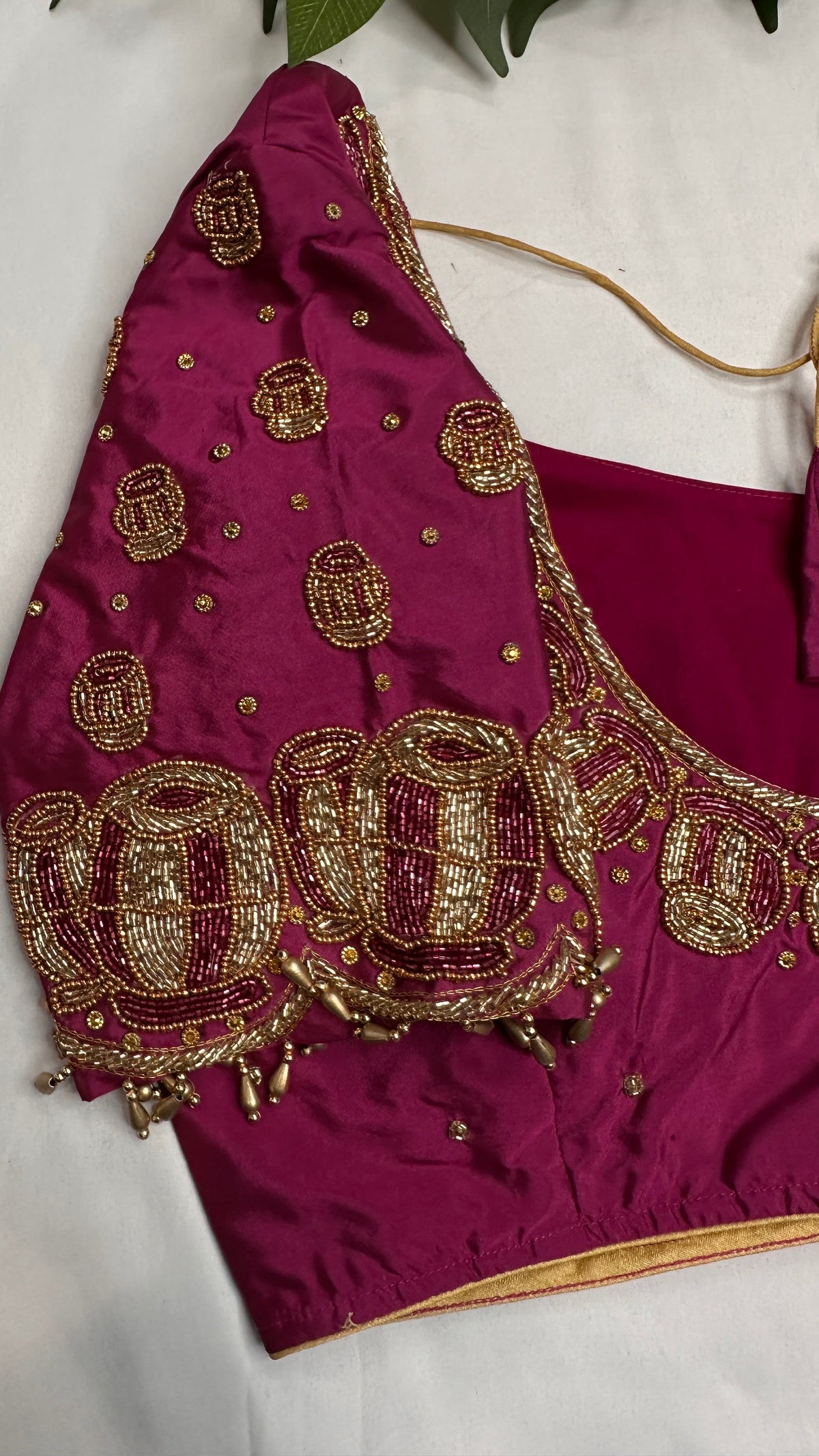 Dholki Pattern Magenta Silk Maggam Aari Work Blouse - 