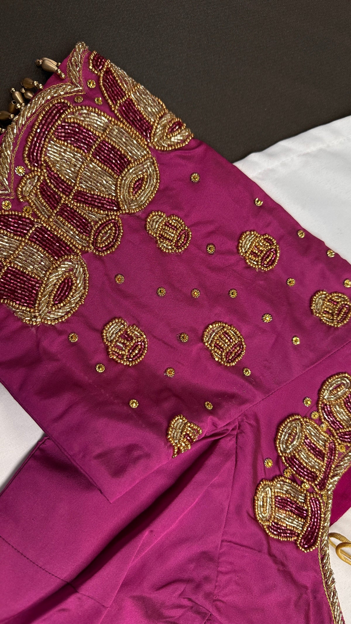 Dholki Pattern Magenta Silk Maggam Aari Work Blouse - 