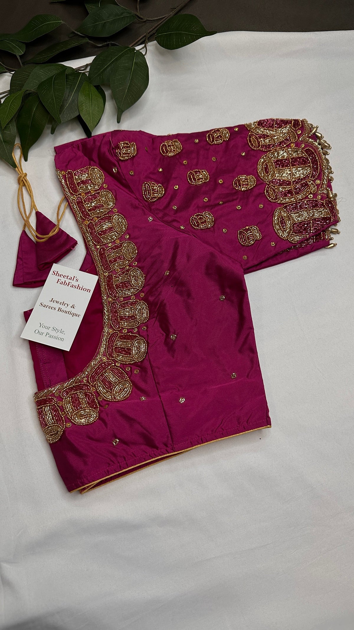 Dholki Pattern Magenta Silk Maggam Aari Work Blouse - 