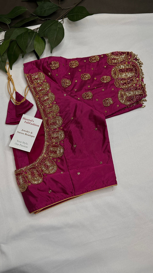 Dholki Pattern Magenta Silk Maggam Aari Work Blouse - 