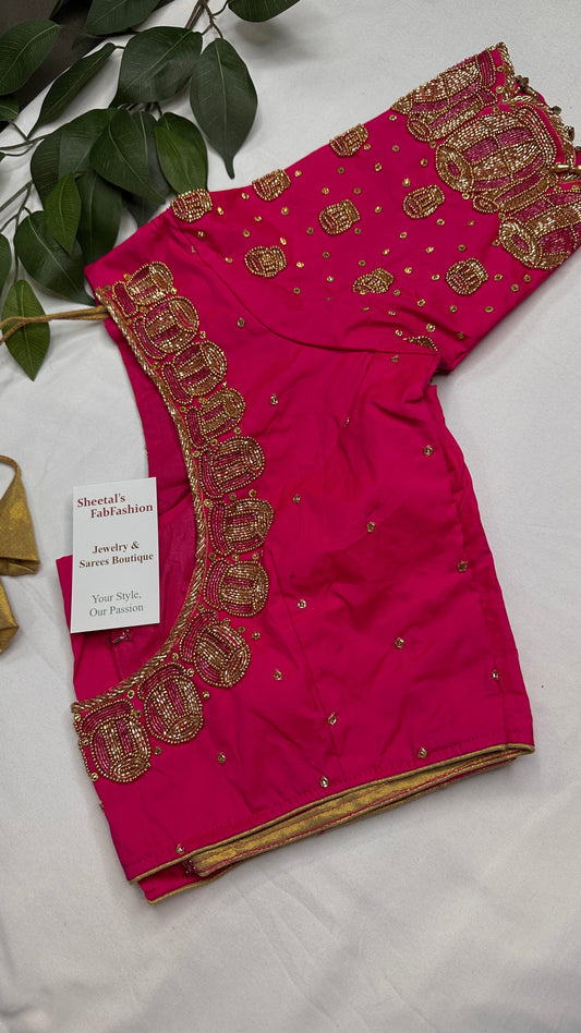Dholki Pattern Pink Silk Maggam Aari Work Blouse - 