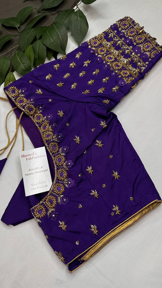 Purple Silk Maggam Aari Work Blouse - 