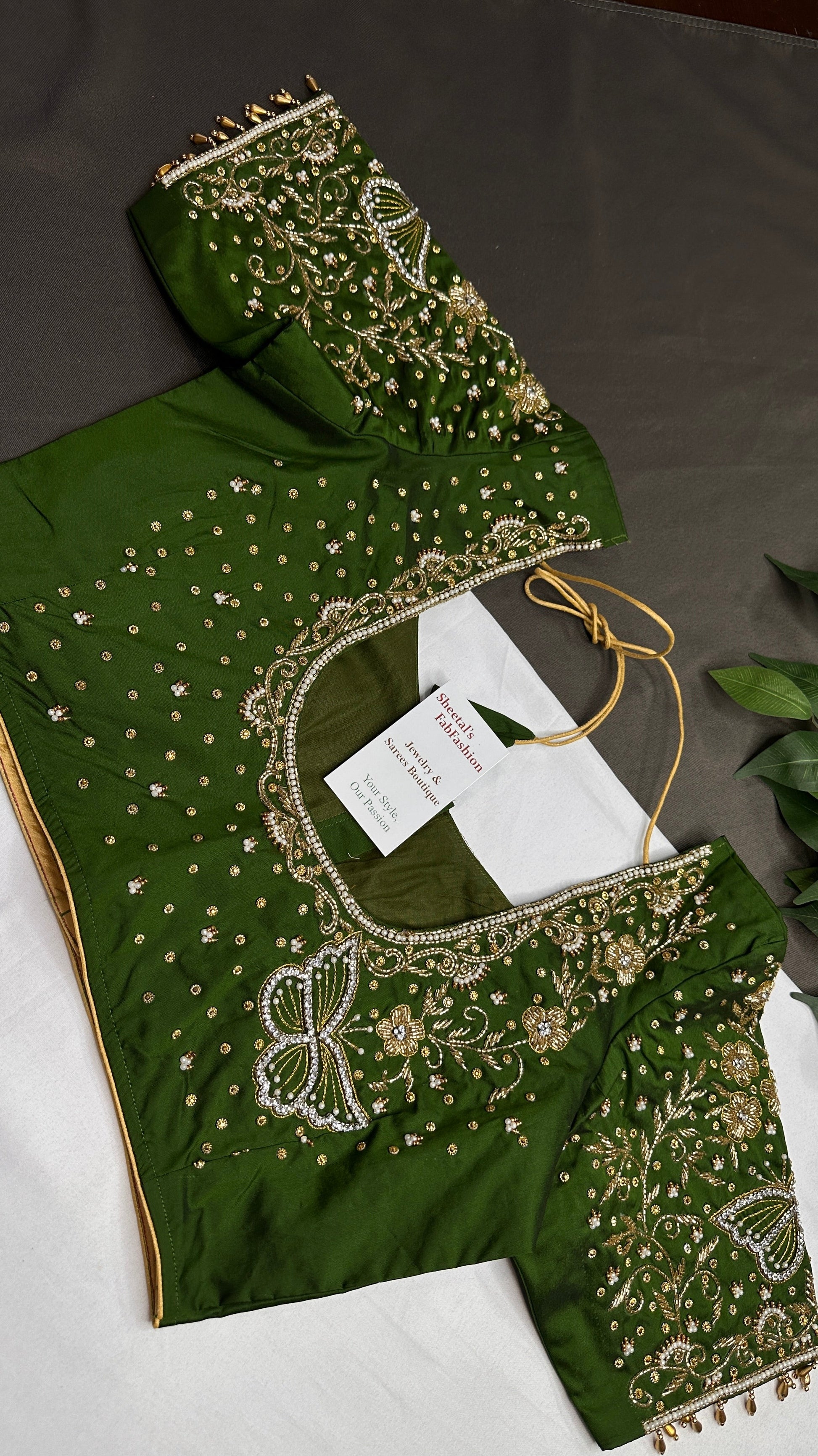 Butterfly Pattern Green Silk Maggam Aari Pearl Work Blouse - 