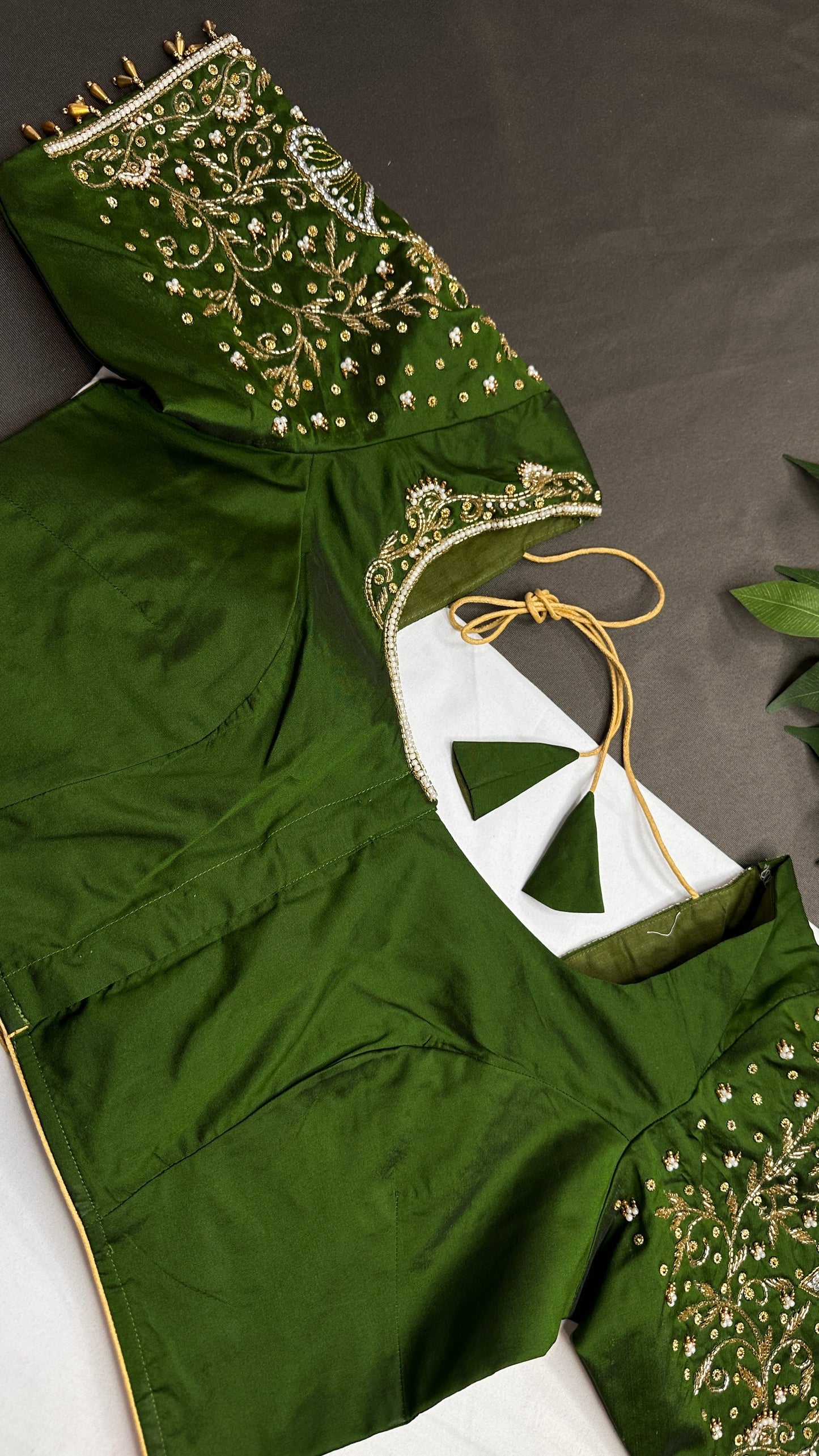 Butterfly Pattern Green Silk Maggam Aari Pearl Work Blouse - 