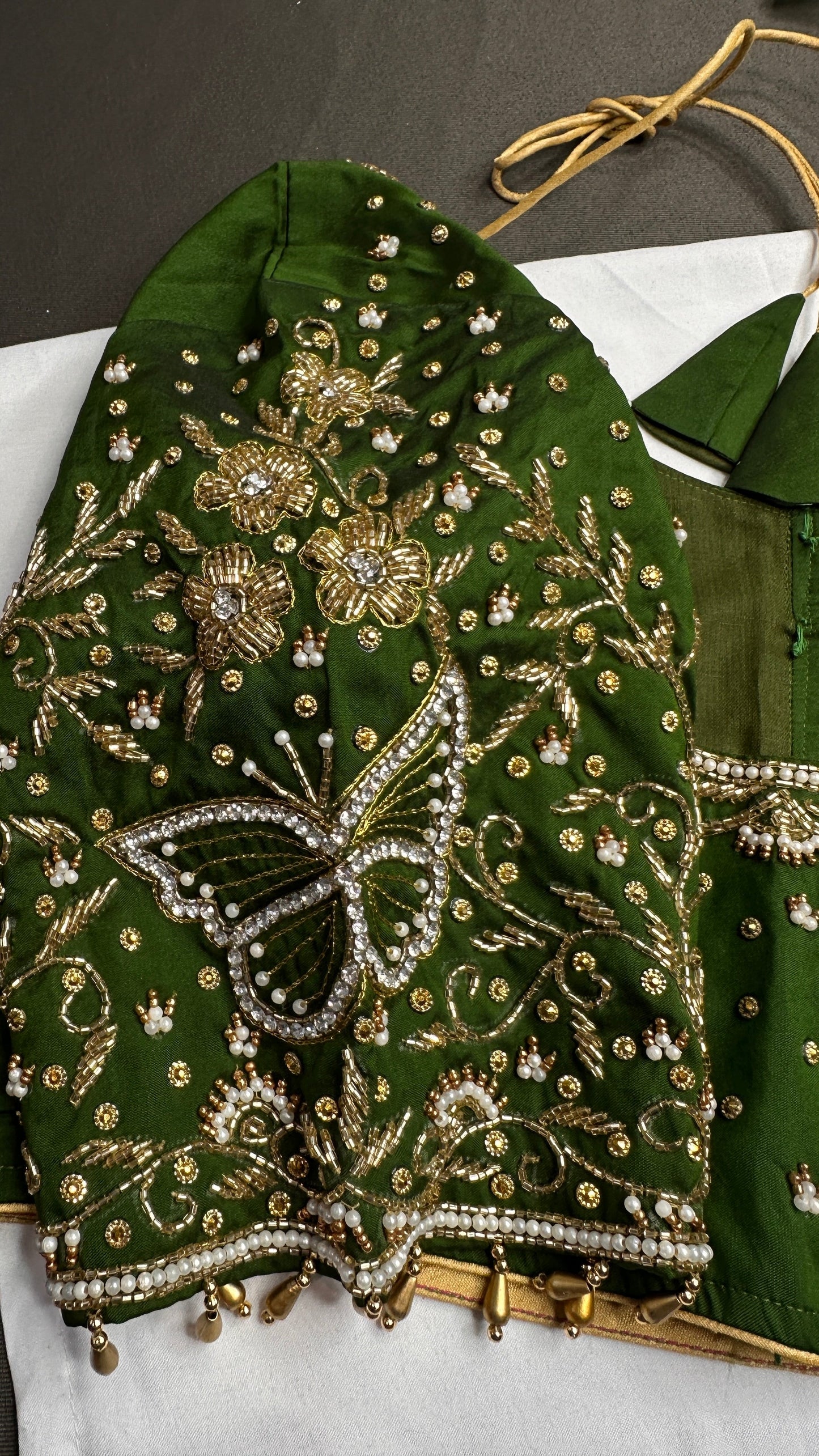 Butterfly Pattern Green Silk Maggam Aari Pearl Work Blouse - 