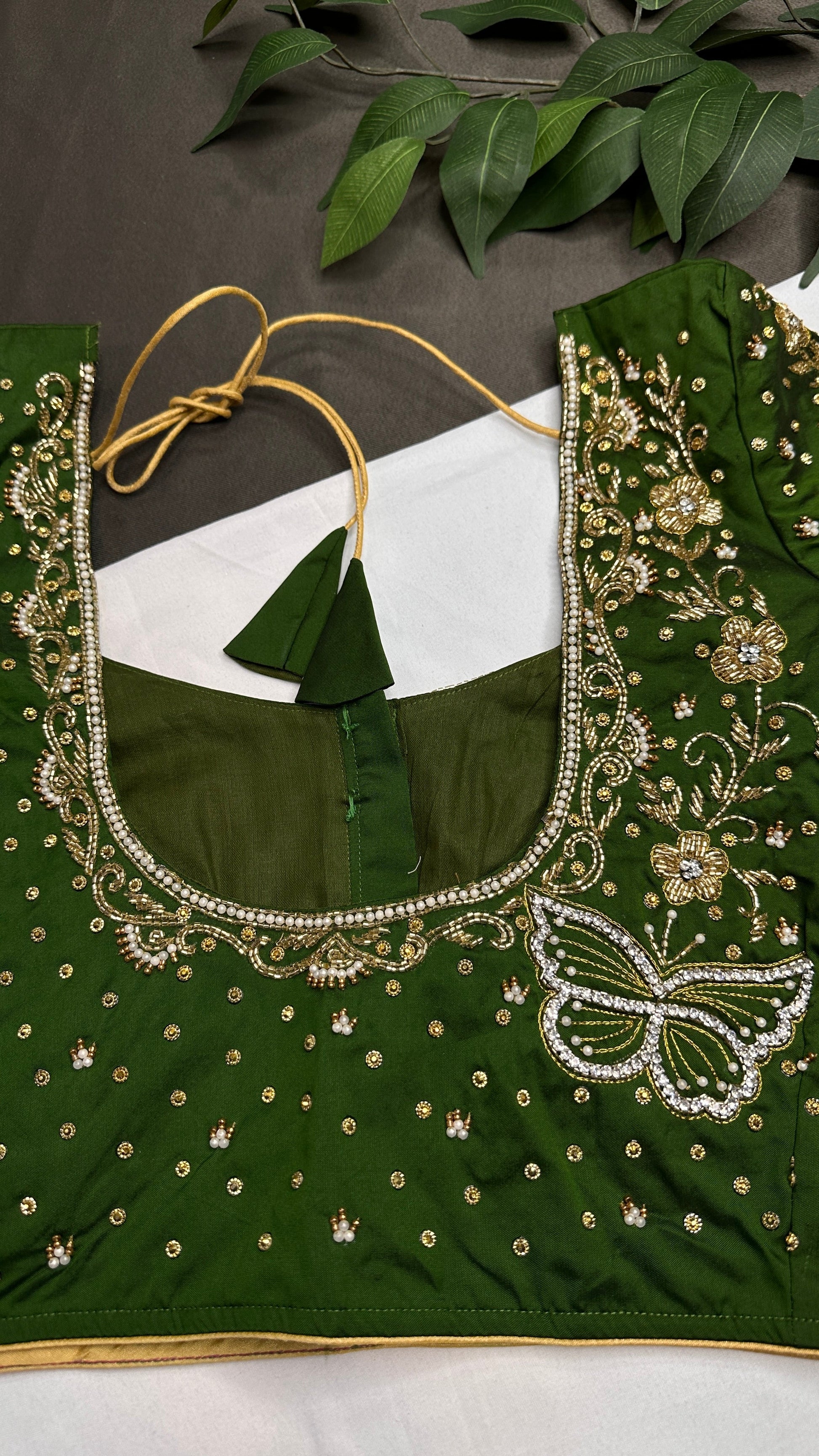 Butterfly Pattern Green Silk Maggam Aari Pearl Work Blouse - 