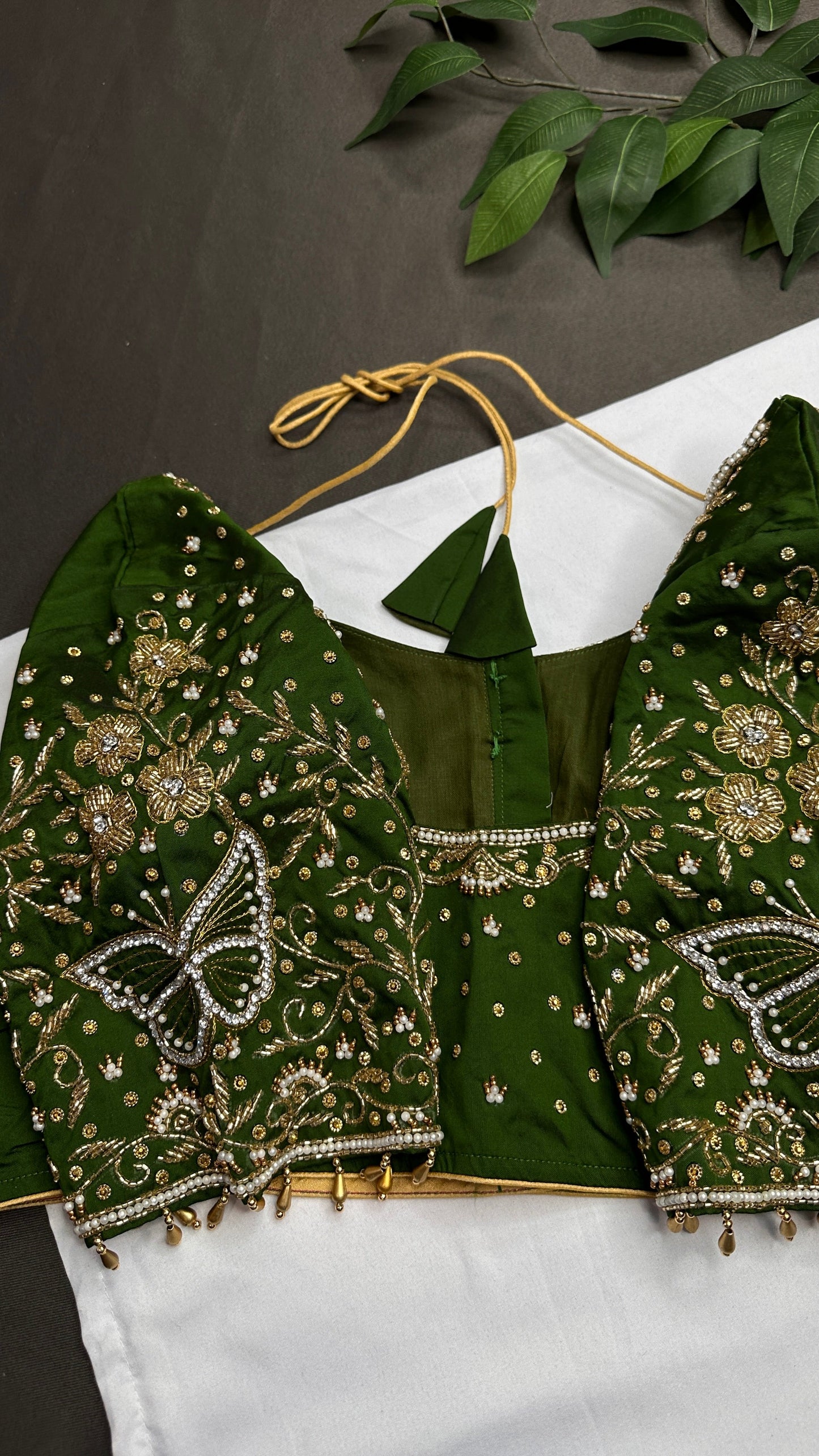 Butterfly Pattern Green Silk Maggam Aari Pearl Work Blouse - 