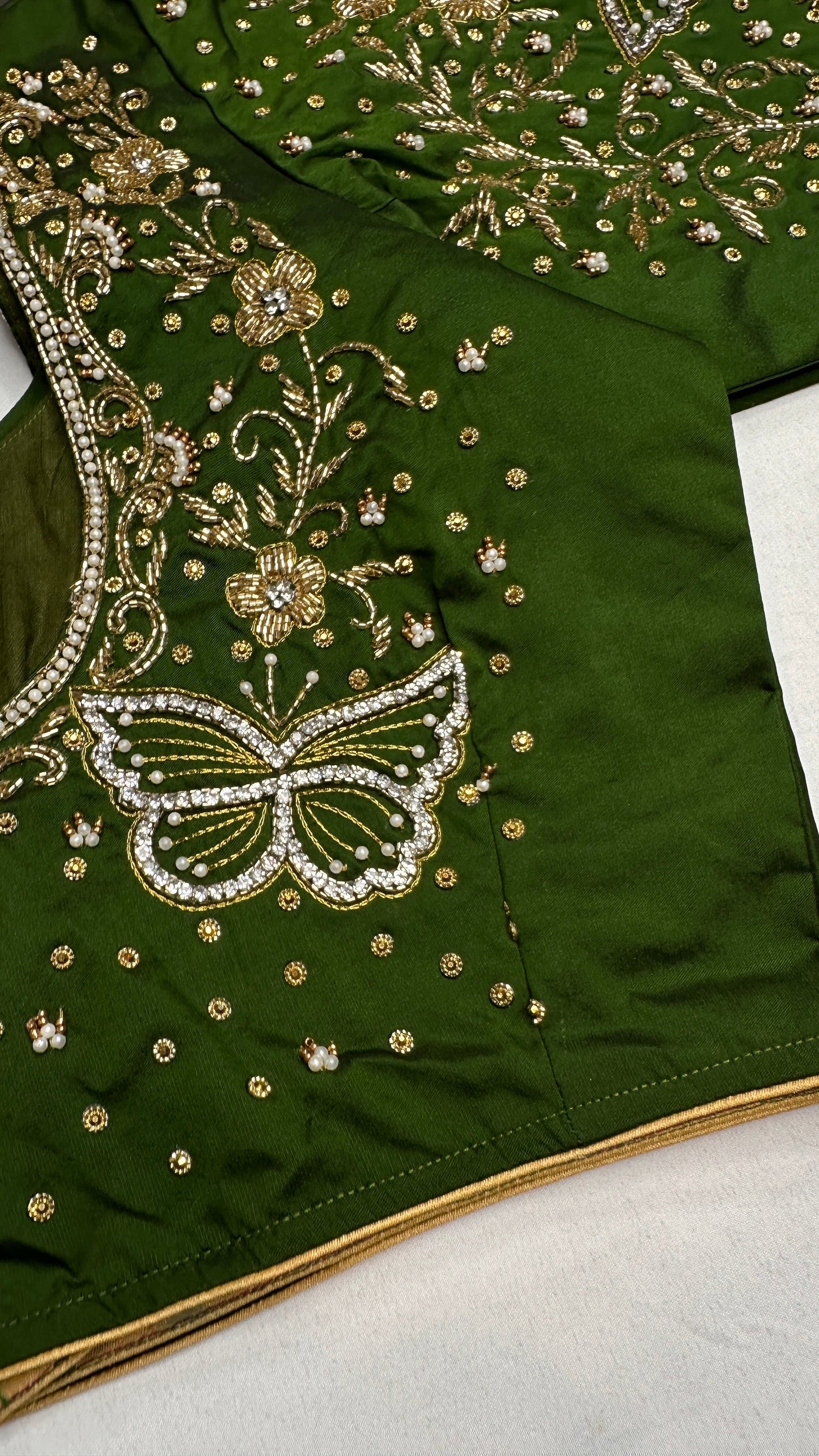 Butterfly Pattern Green Silk Maggam Aari Pearl Work Blouse - 