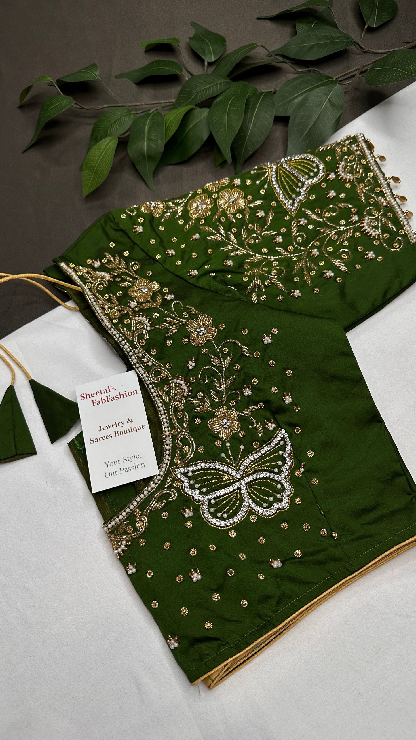 Butterfly Pattern Green Silk Maggam Aari Pearl Work Blouse - 