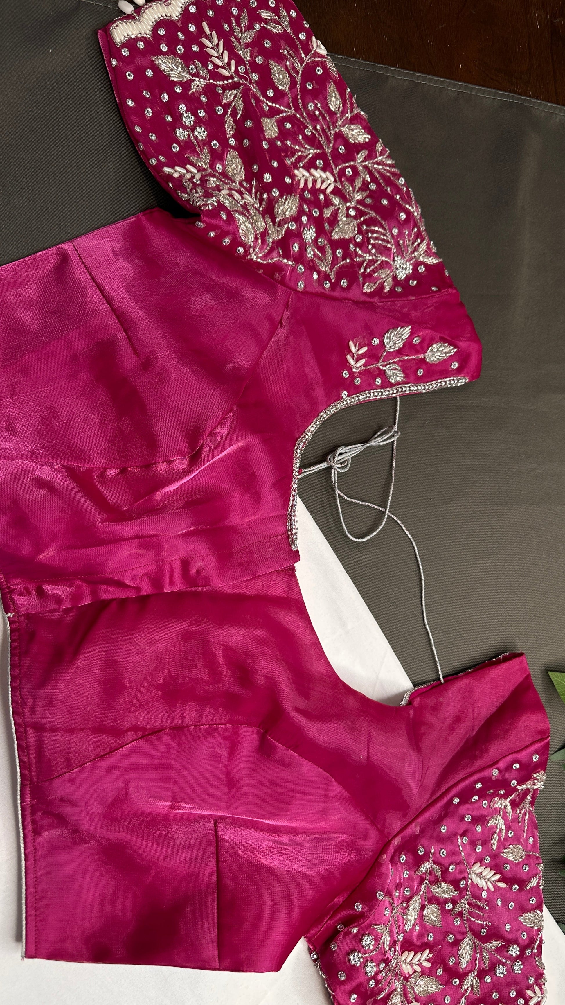 Crepe Pink  Silk Silver Pearl Work Blouse - 