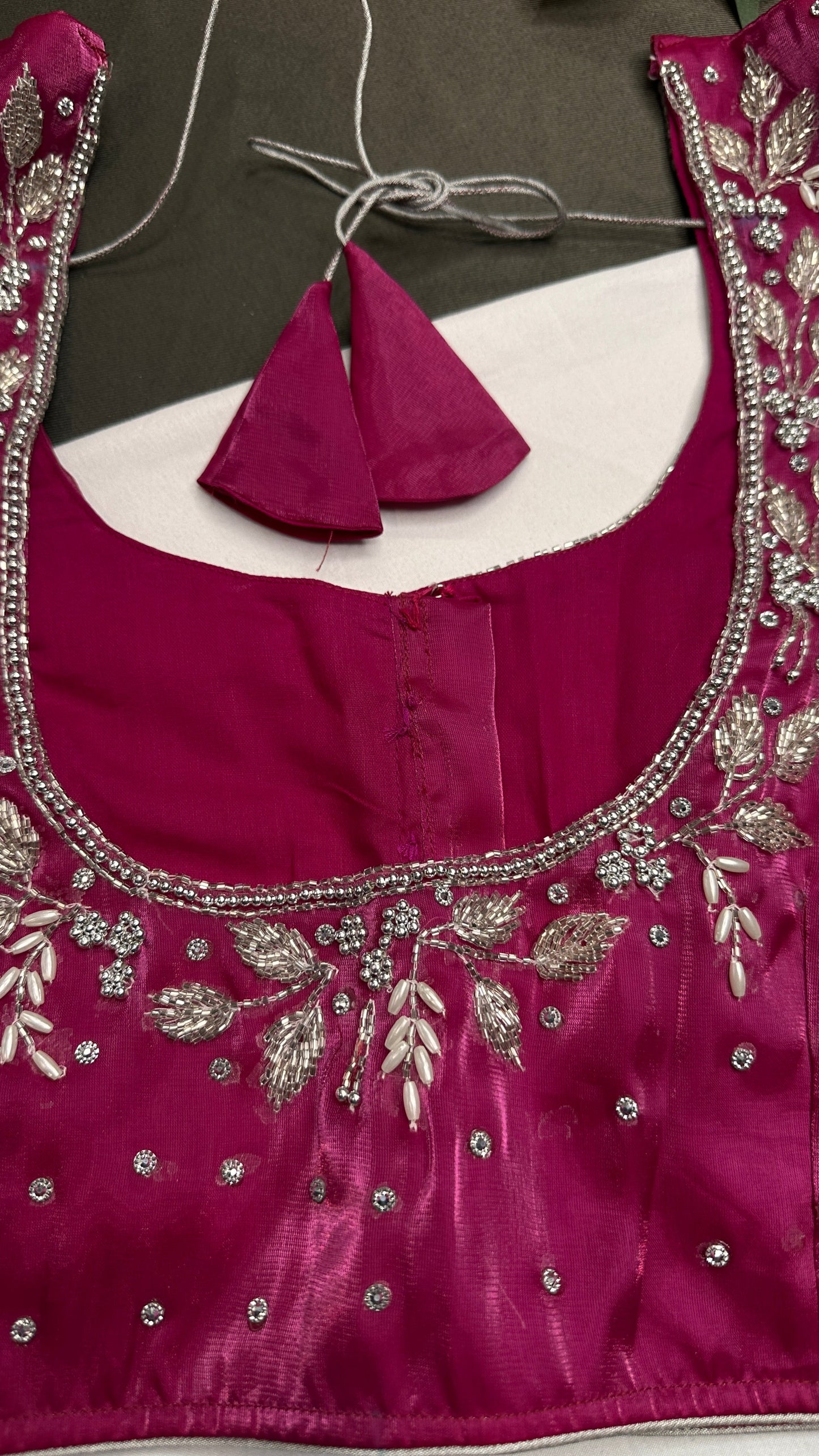 Crepe Pink  Silk Silver Pearl Work Blouse - 