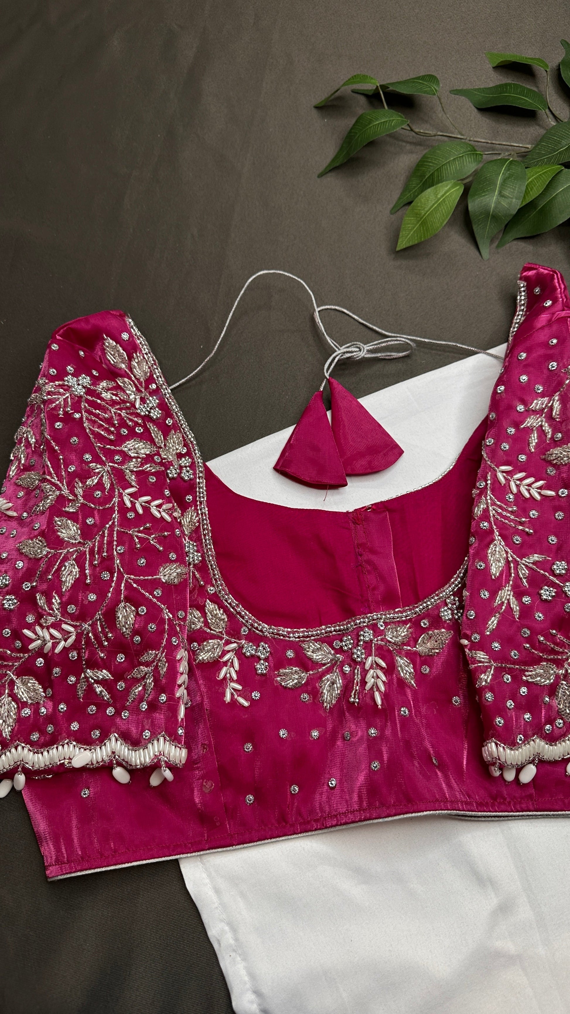 Crepe Pink  Silk Silver Pearl Work Blouse - 