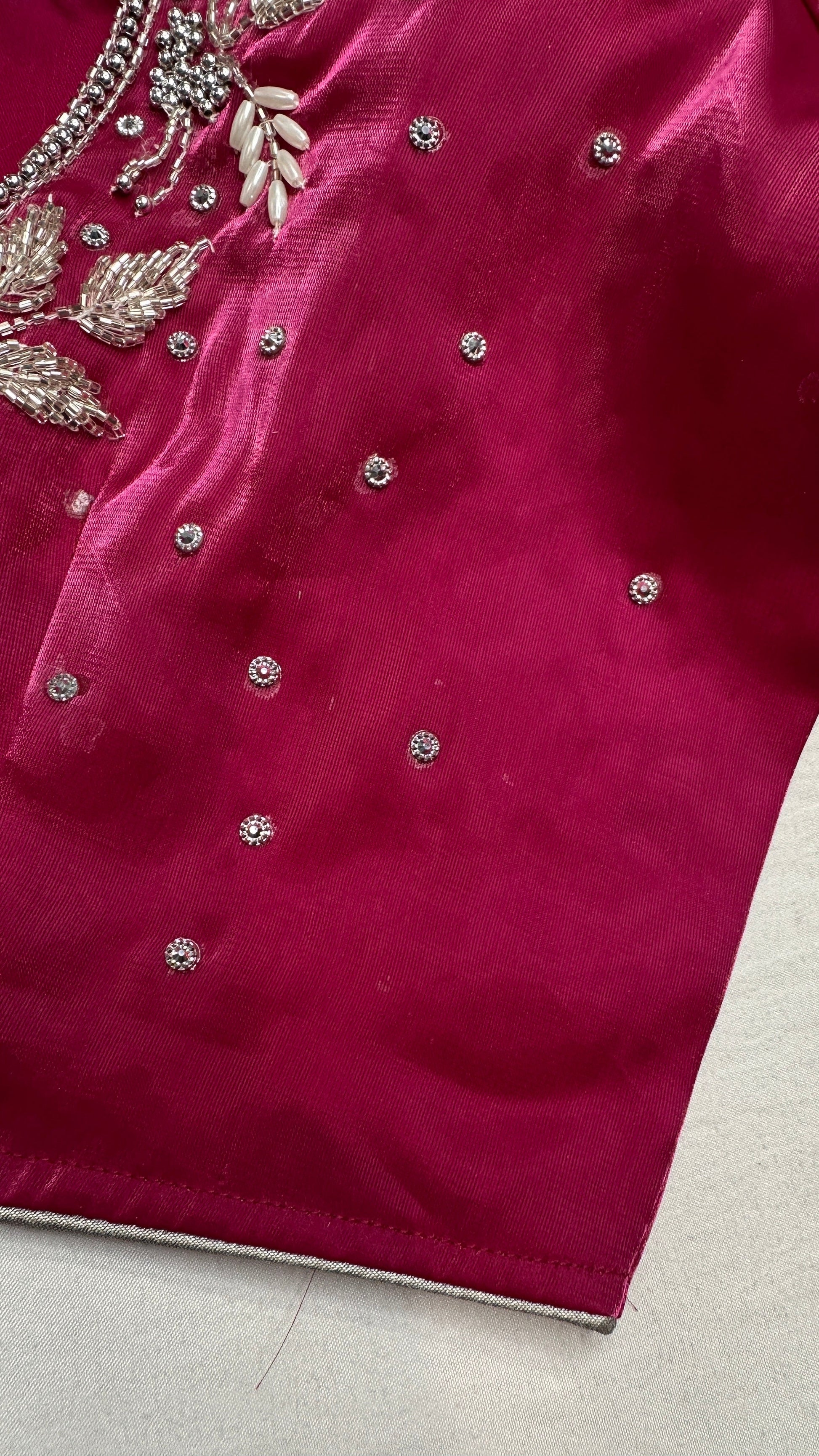 Crepe Pink  Silk Silver Pearl Work Blouse - 