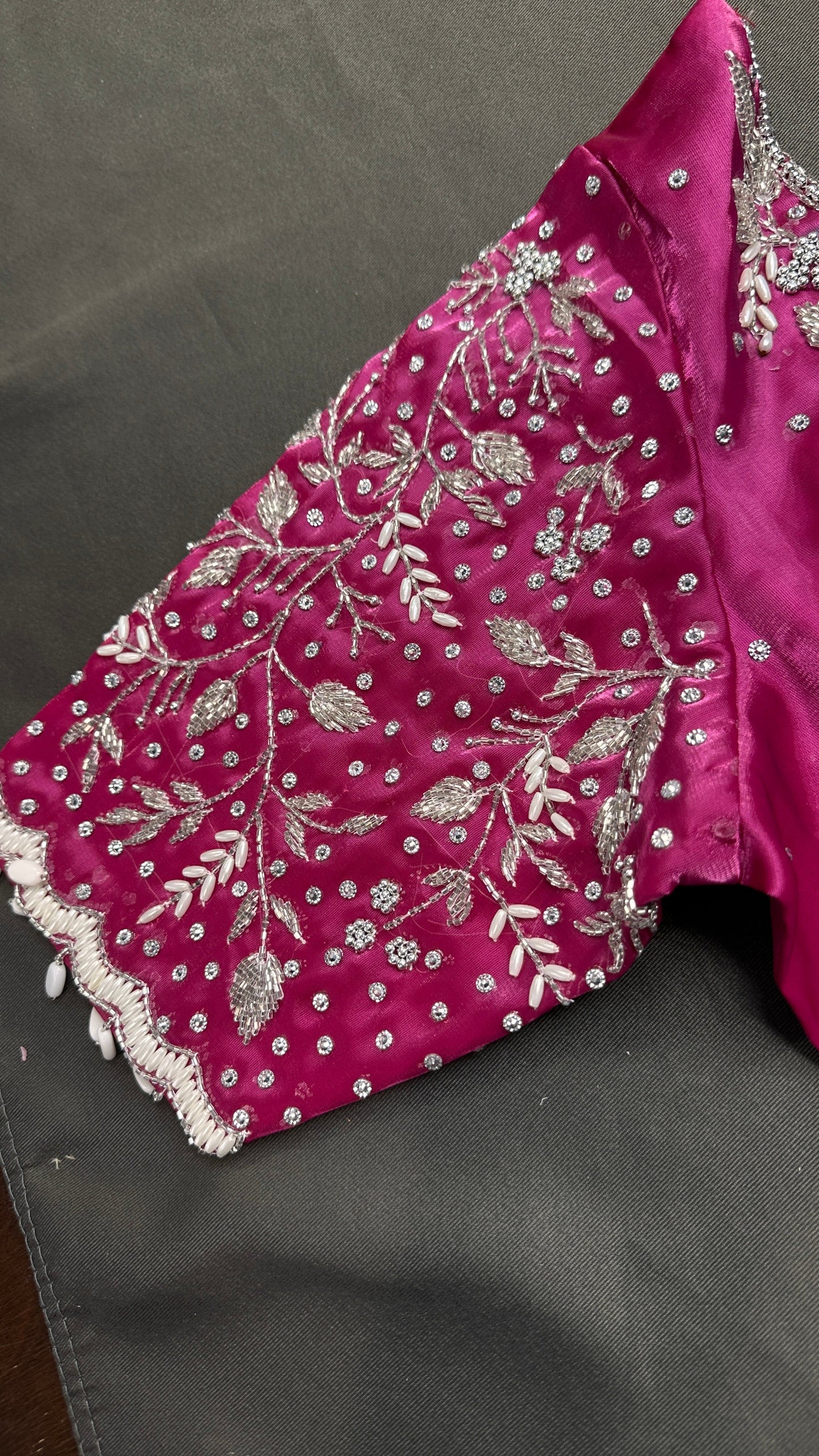 Crepe Pink  Silk Silver Pearl Work Blouse - 