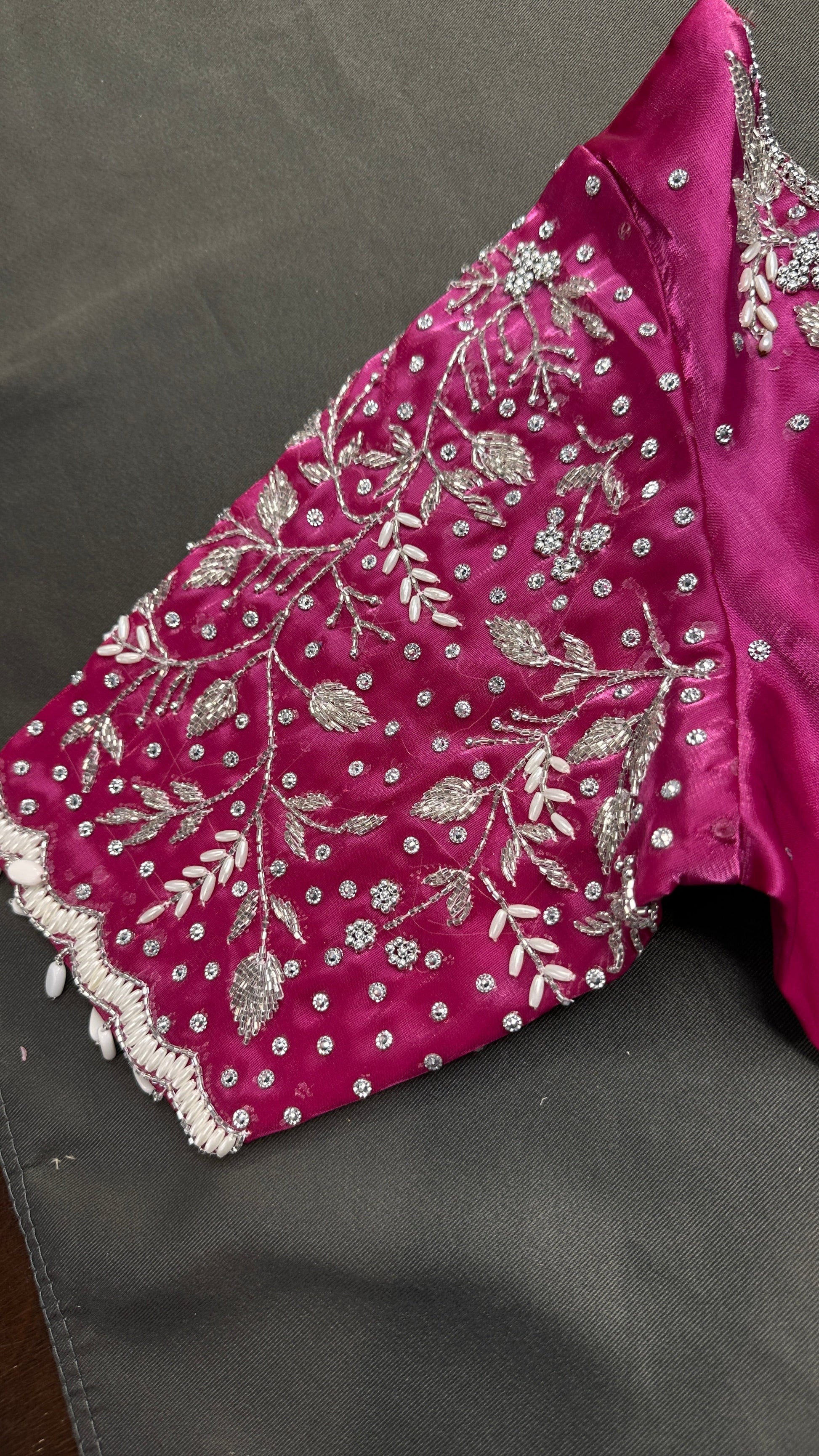 Crepe Pink  Silk Silver Pearl Work Blouse - 