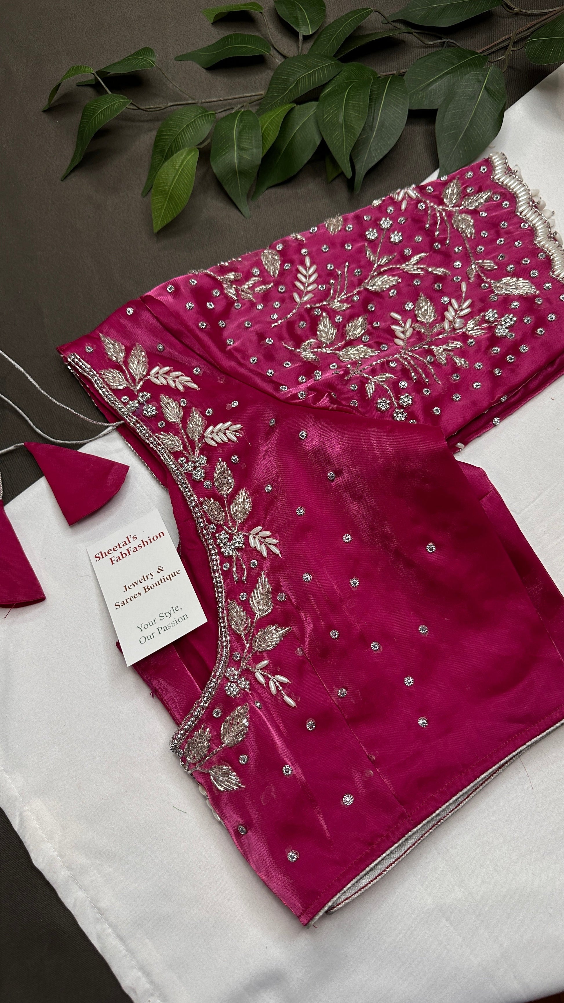 Crepe Pink  Silk Silver Pearl Work Blouse - 