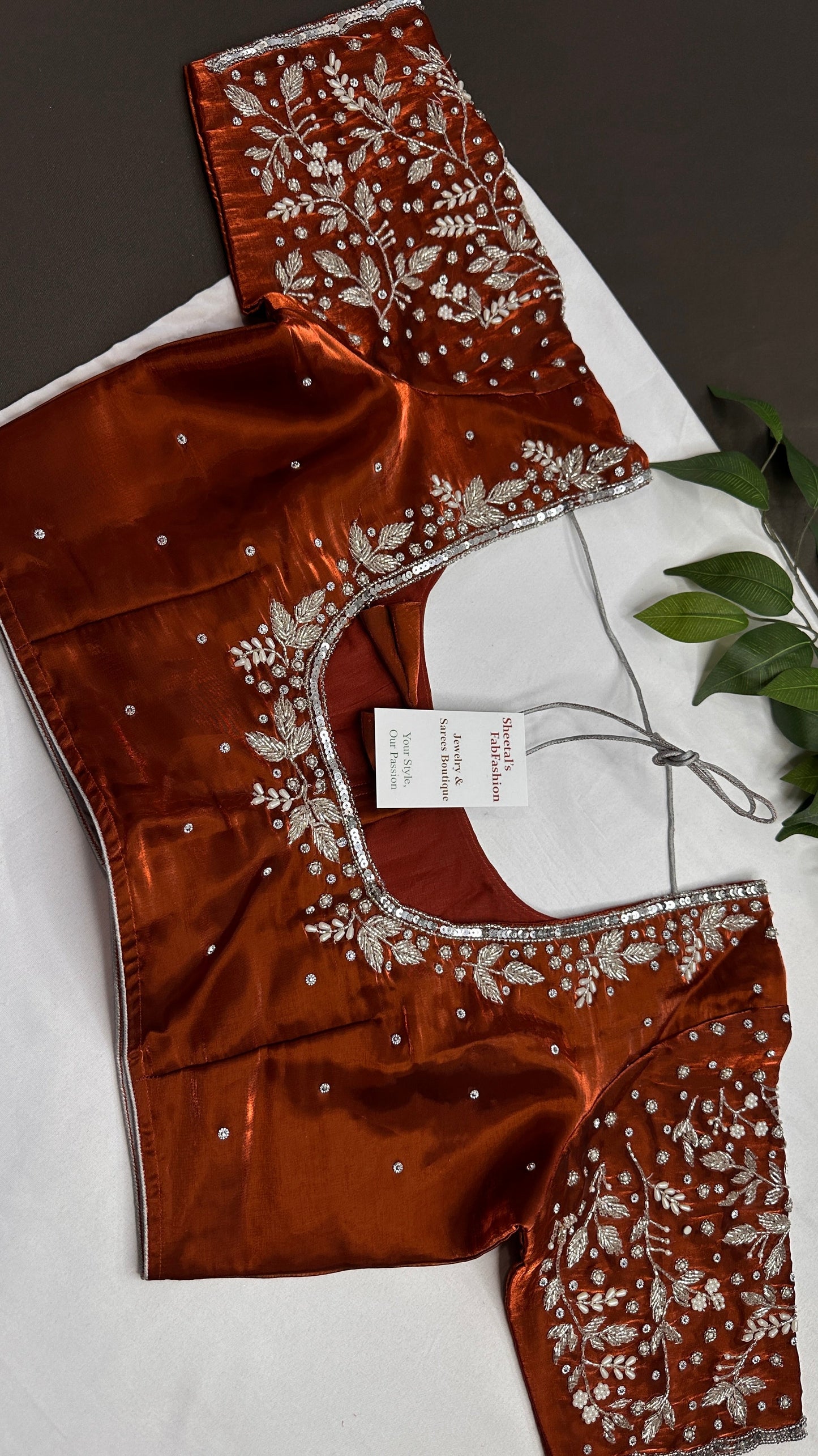 Crepe Brown Silver Pearl Work Blouse - 