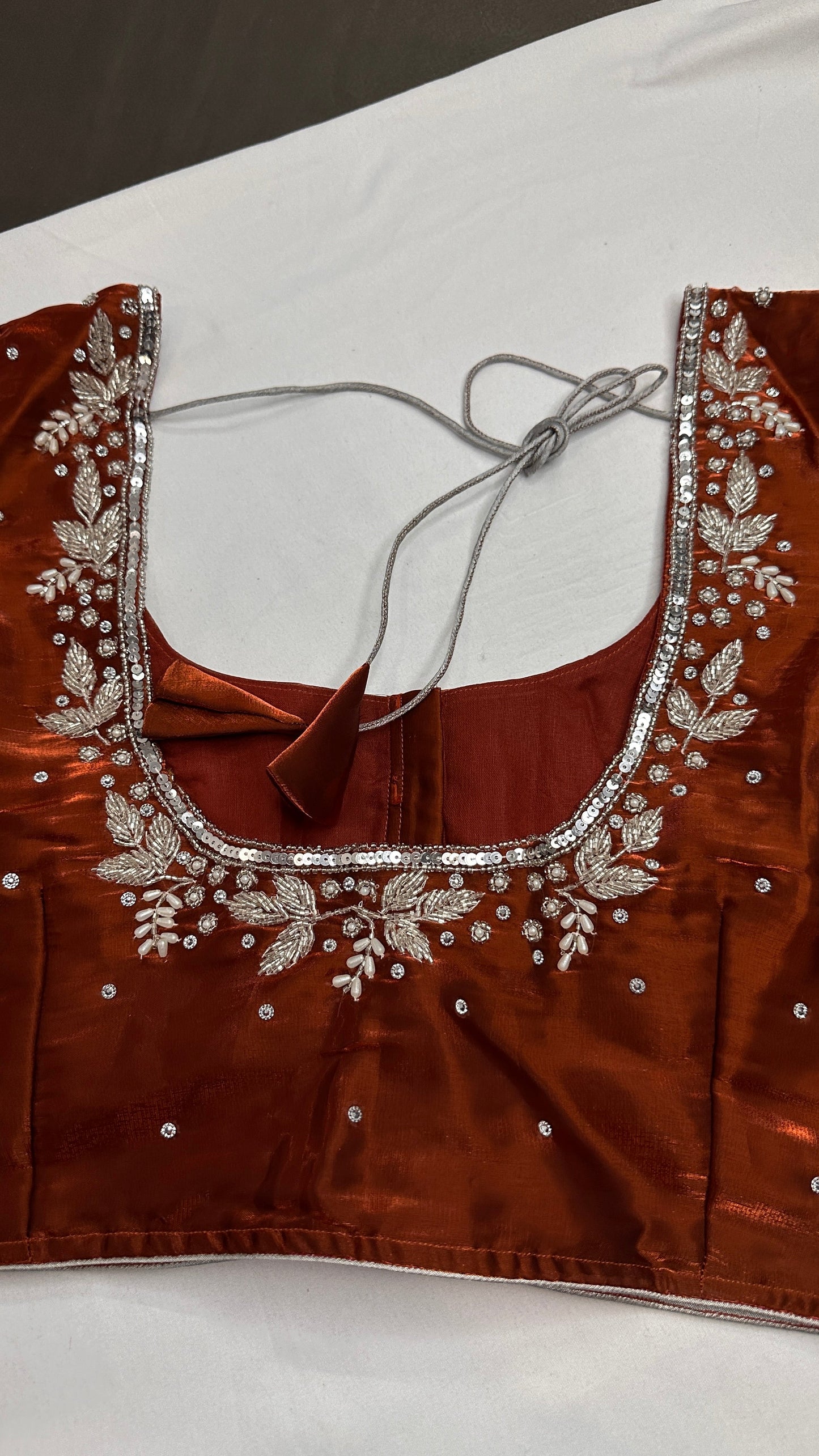 Crepe Brown Silver Pearl Work Blouse - 