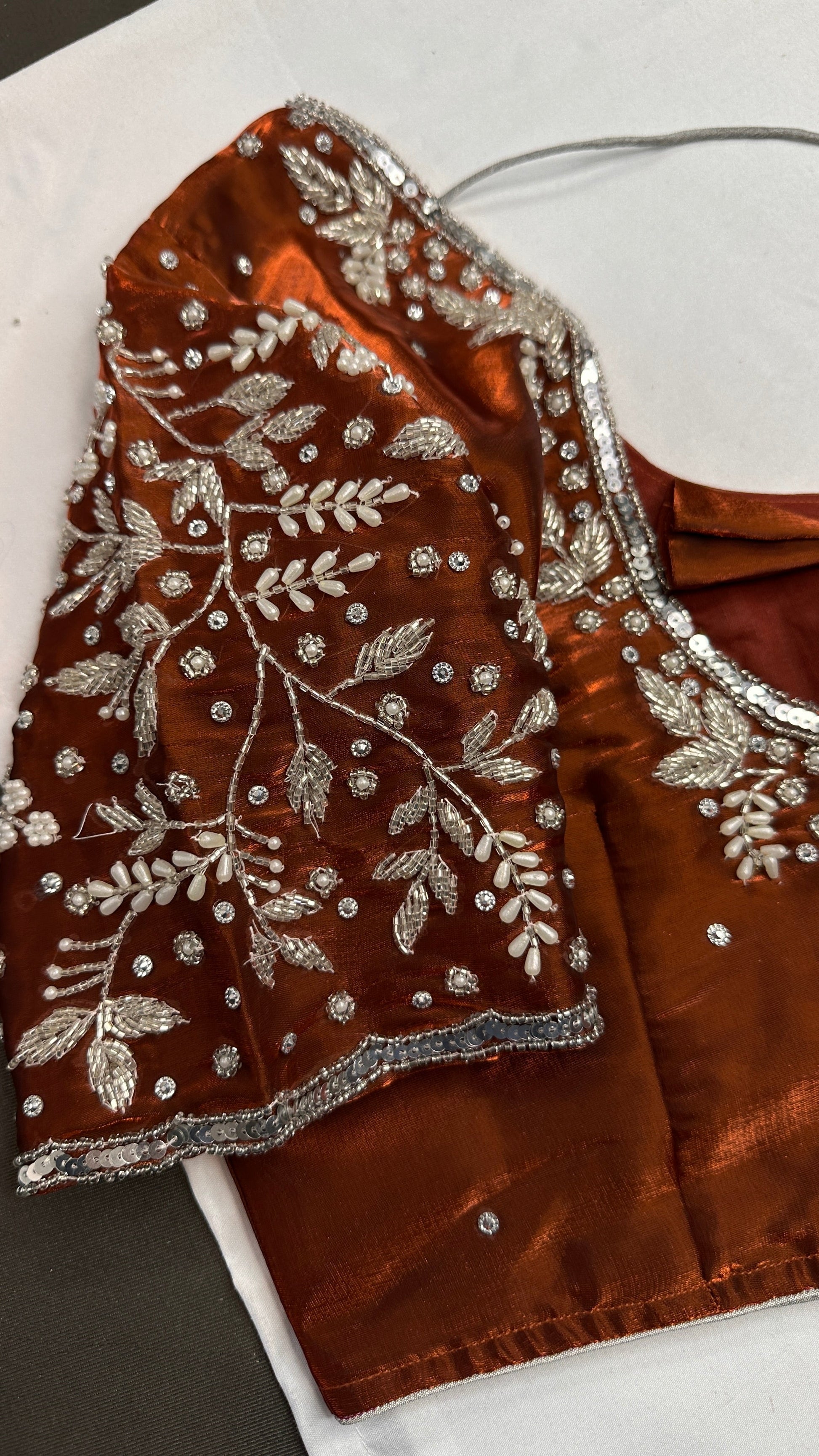 Crepe Brown Silver Pearl Work Blouse - 
