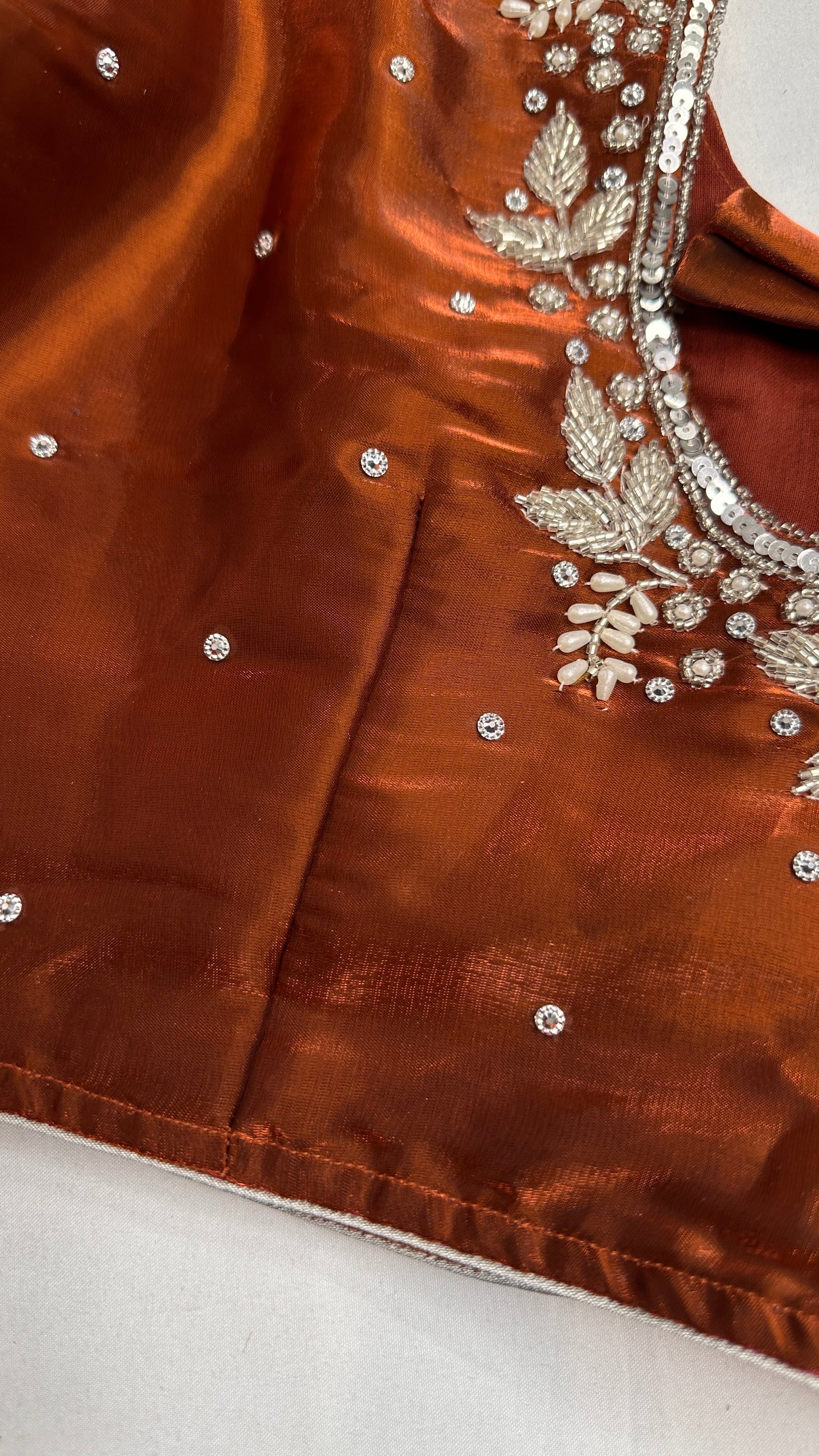 Crepe Brown Silver Pearl Work Blouse - 