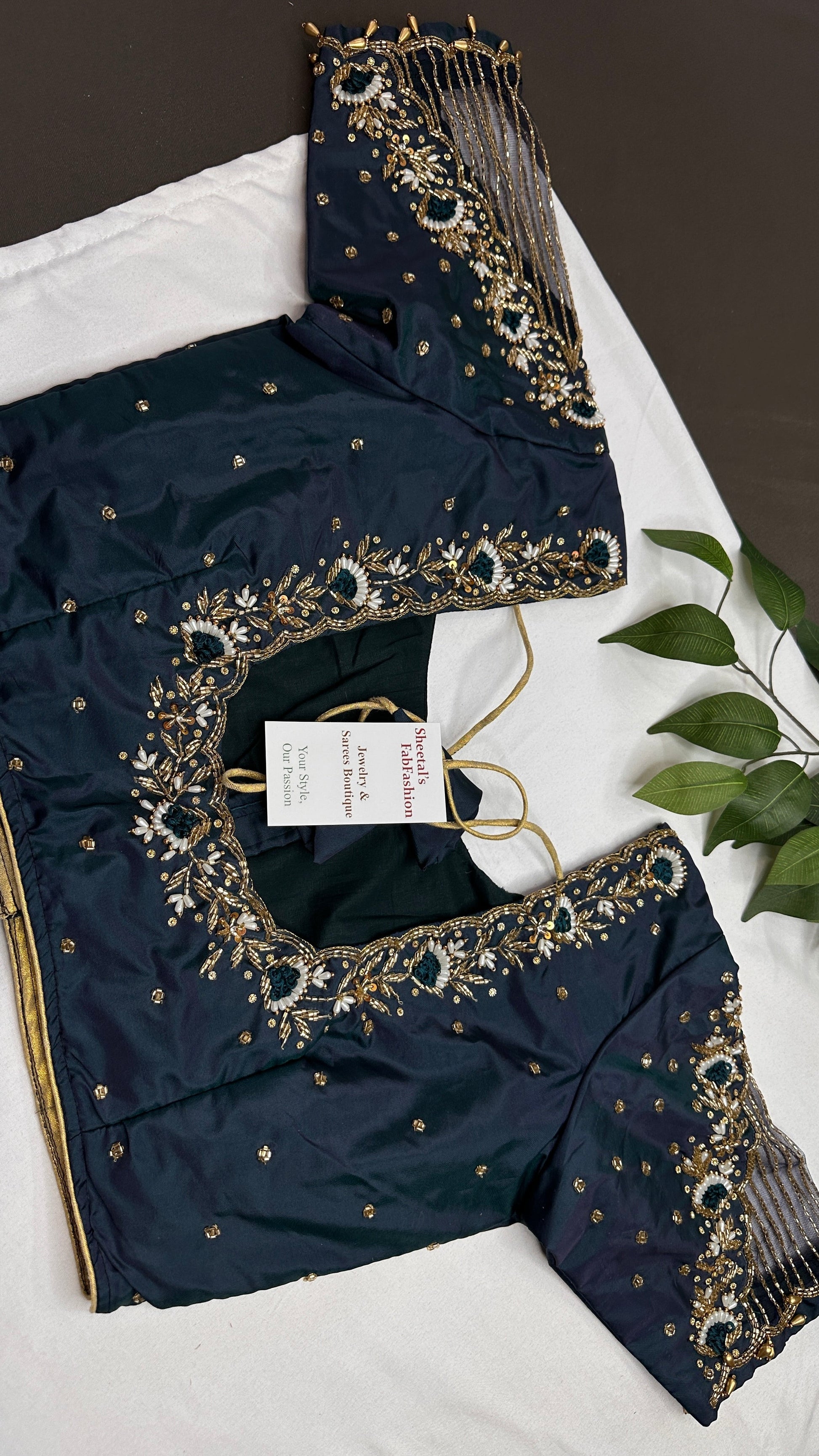 Teal Net Silk Maggam Aari Pearl Work Blouse - 