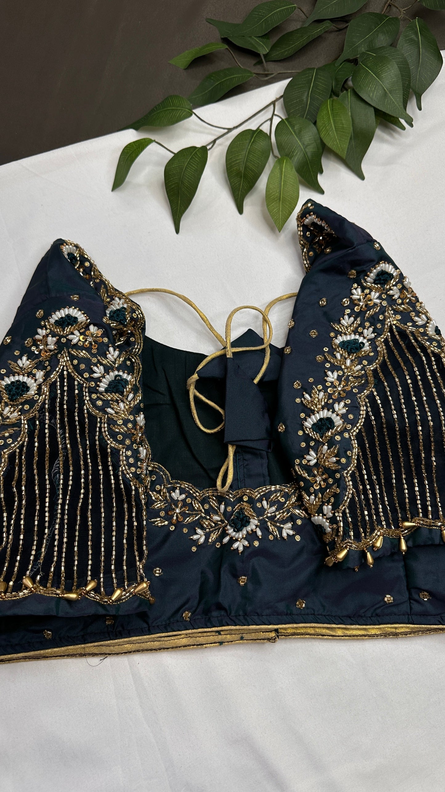 Teal Net Silk Maggam Aari Pearl Work Blouse - 