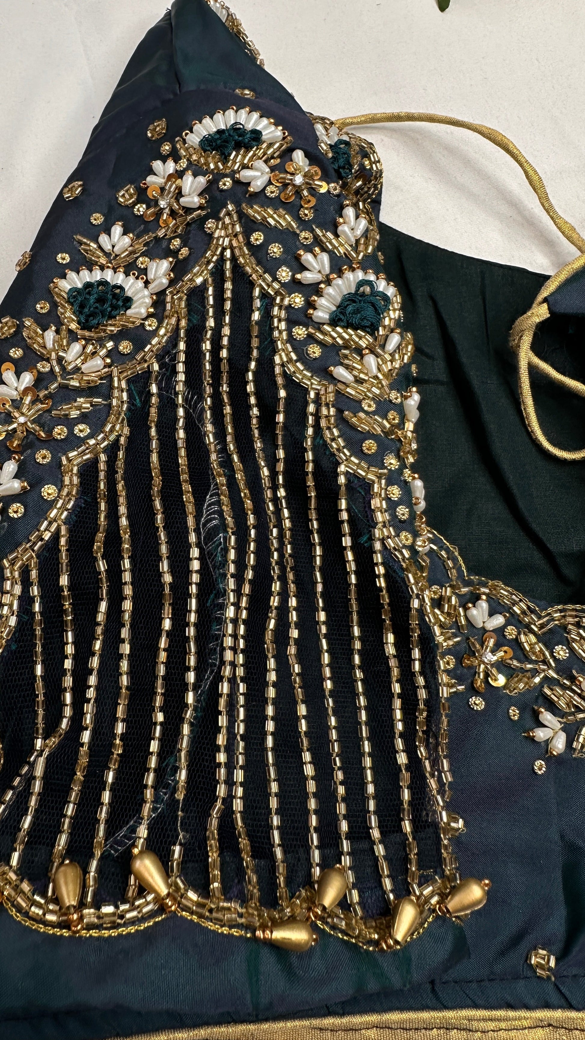 Teal Net Silk Maggam Aari Pearl Work Blouse - 