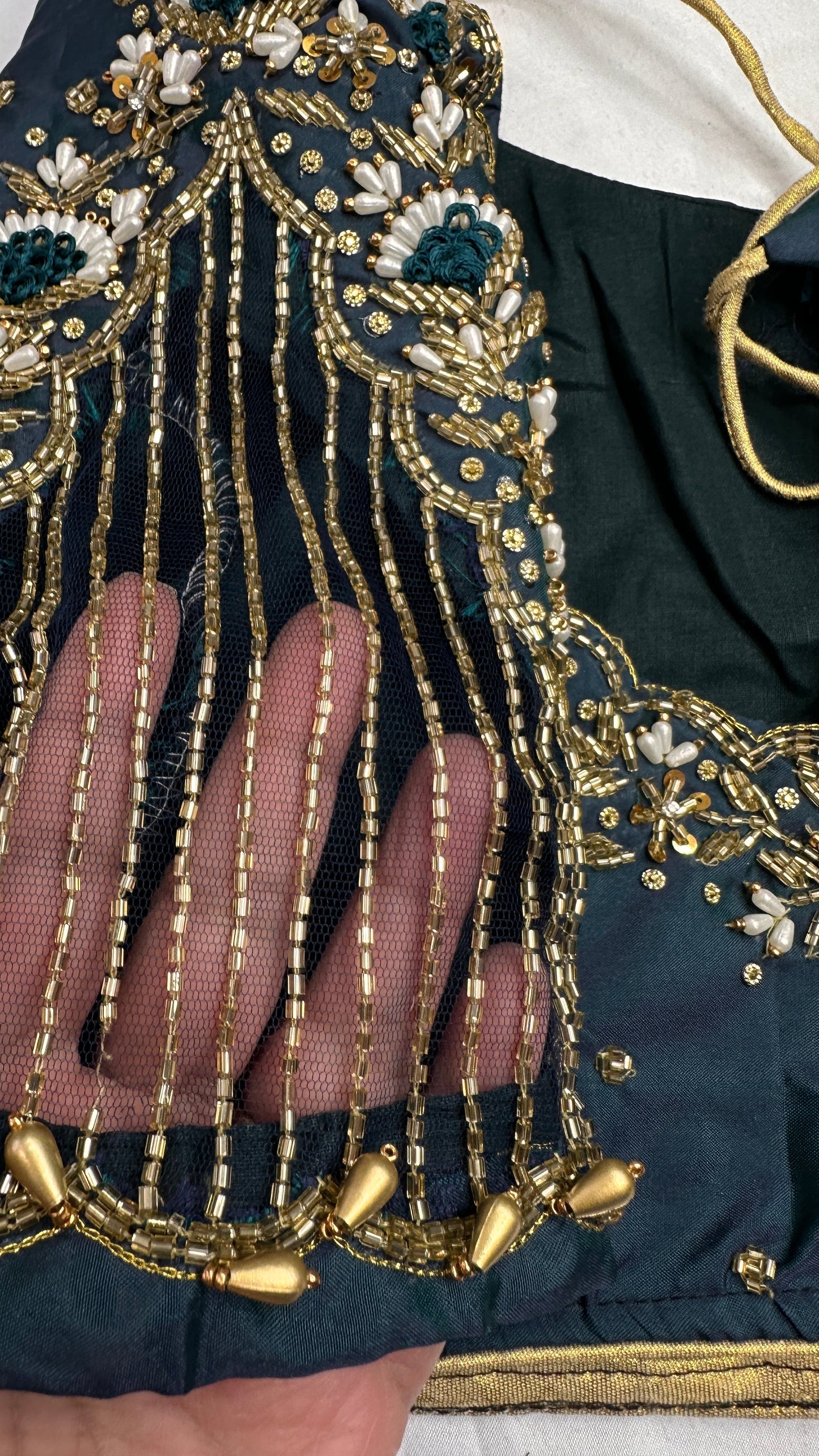 Teal Net Silk Maggam Aari Pearl Work Blouse - 