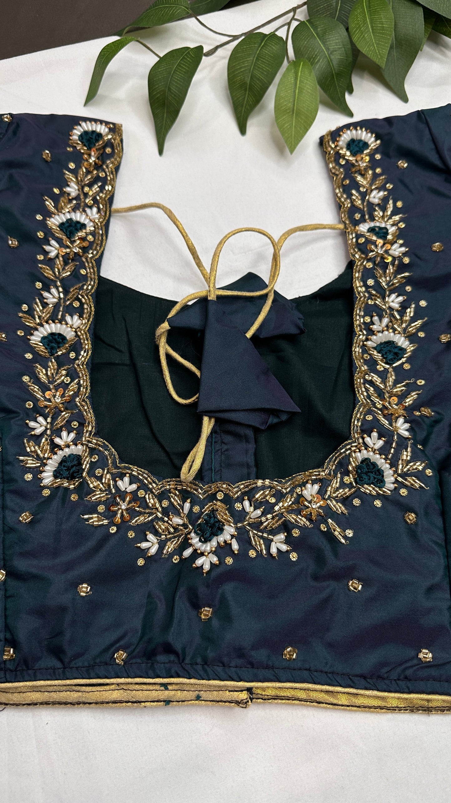 Teal Net Silk Maggam Aari Pearl Work Blouse - 