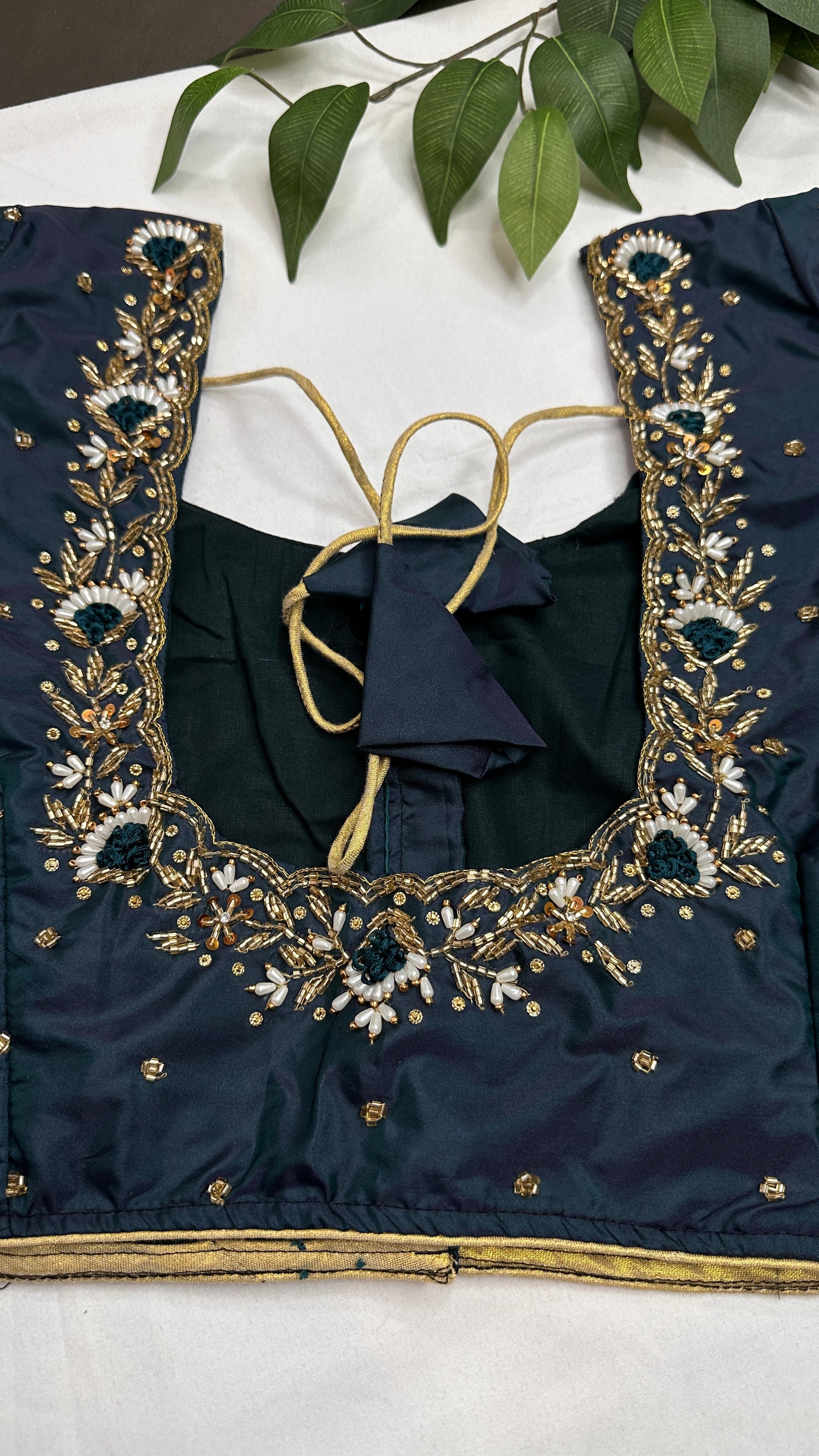 Teal Net Silk Maggam Aari Pearl Work Blouse - 