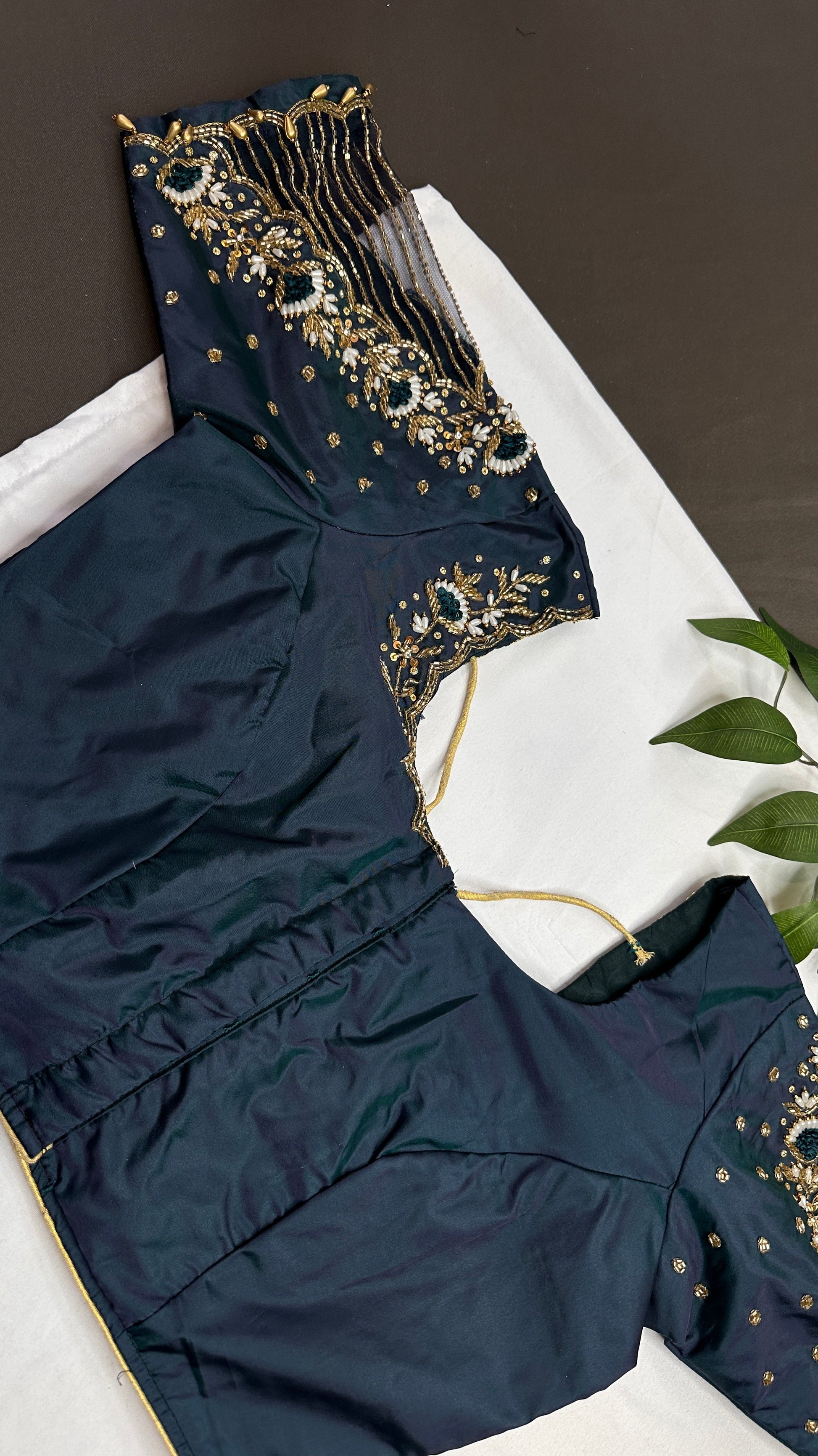 Teal Net Silk Maggam Aari Pearl Work Blouse - 