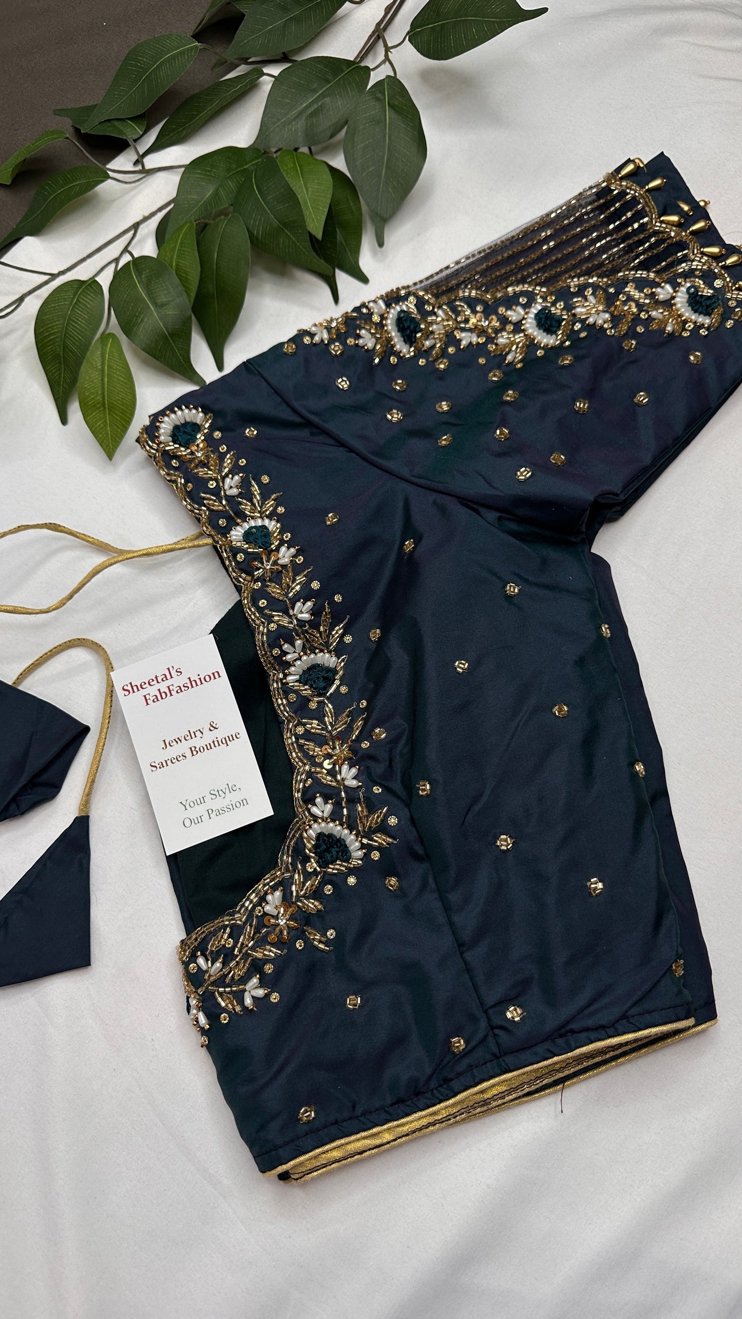 Teal Net Silk Maggam Aari Pearl Work Blouse - 