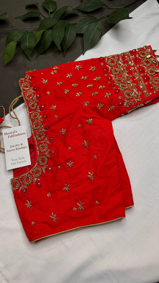 Red Silk Maggam Aari Work Blouse - 