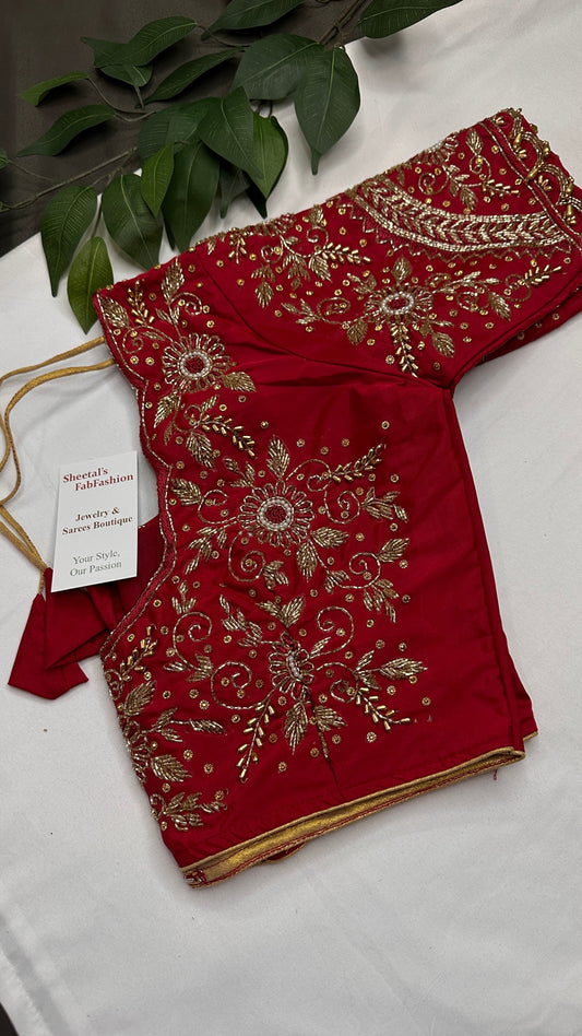 Red Silk Maggam Aari Work Blouse - 