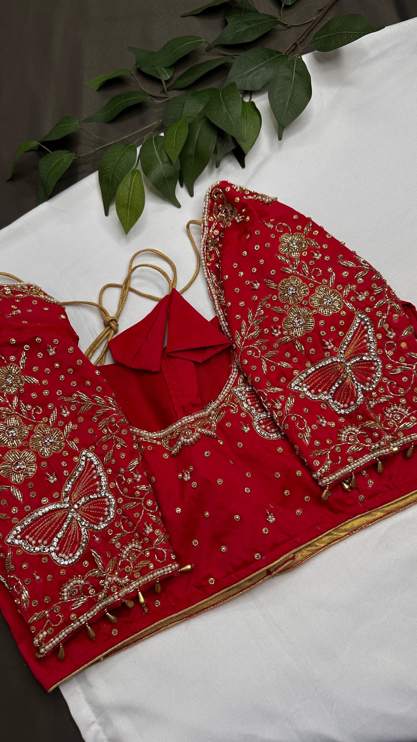 Butterfly Pattern Red Silk Maggam Aari Pearl Work Blouse - 